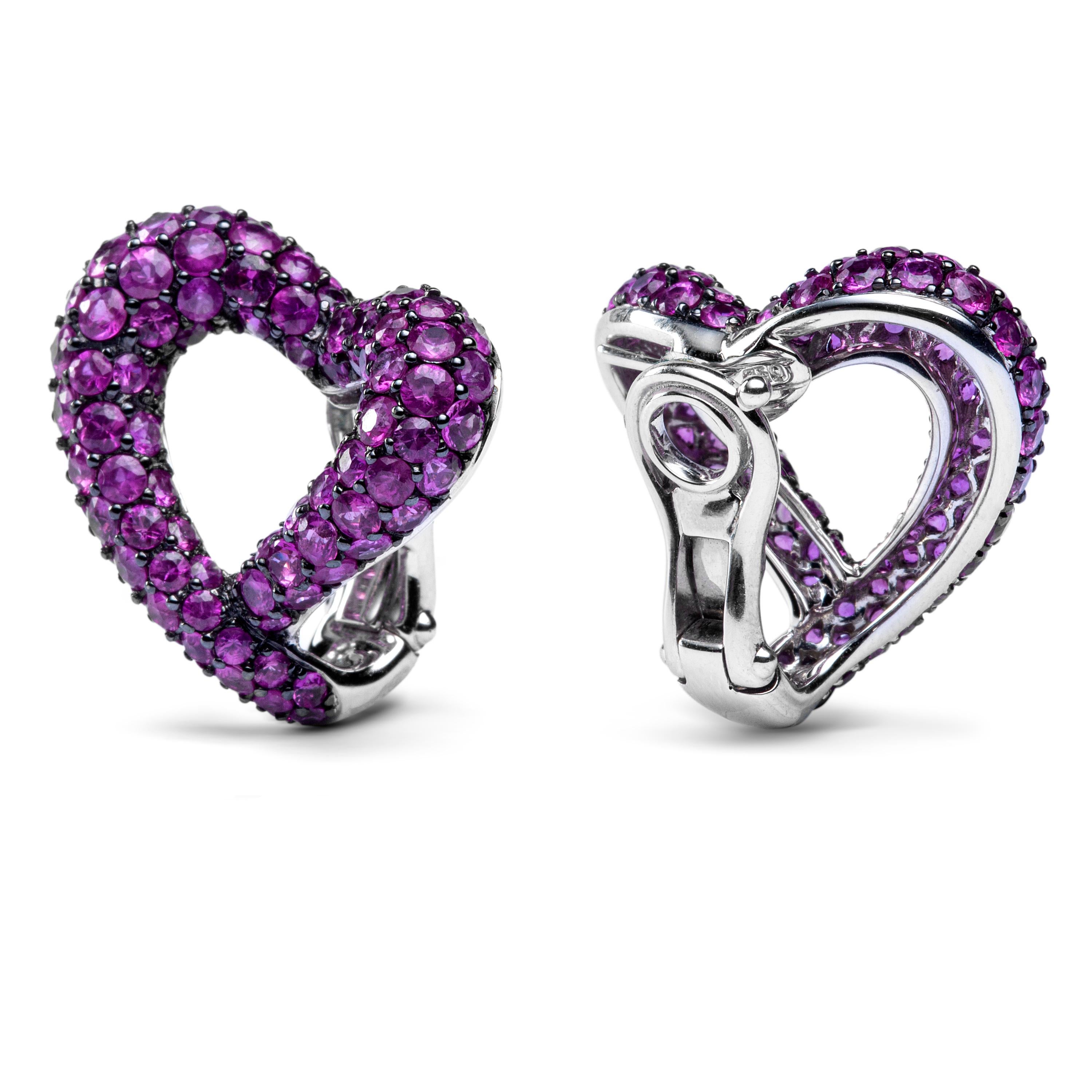 Round Cut Alex Jona Open Heart Intense Pink Sapphire 18 Karat White Gold Clip-On Earrings For Sale