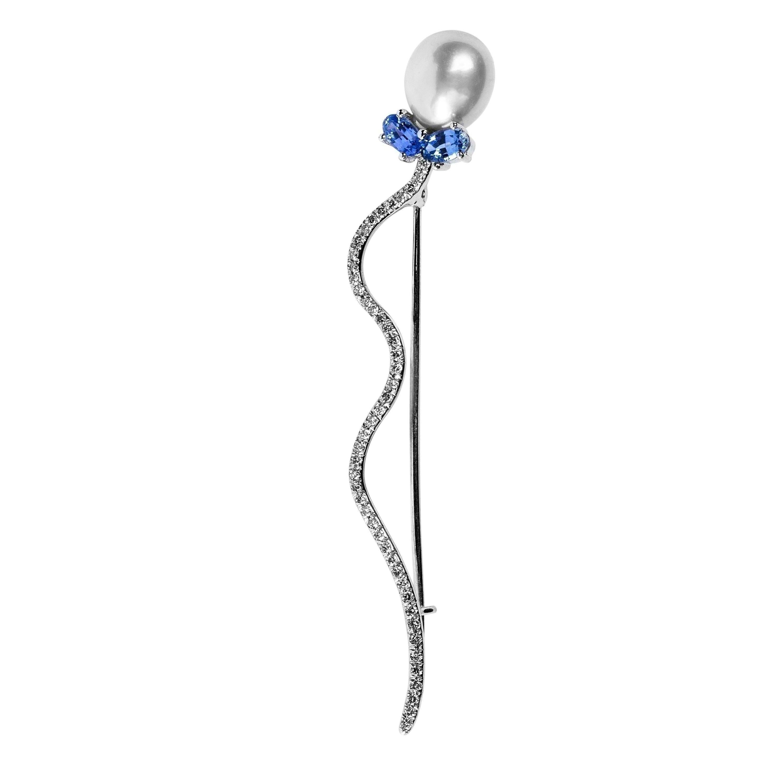 Jona design collection,  hand crafted in Italy, 18 karat white gold balloon shape brooch, featuring  0.67 carats of blue sapphires and 0.26 carats of white diamonds. An oval shape white pearl as balloon.  
All Jona jewelry is new and has never been