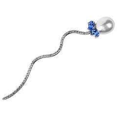 Jona Pearl Blue Sapphire White Diamond White Gold Balloon Brooch