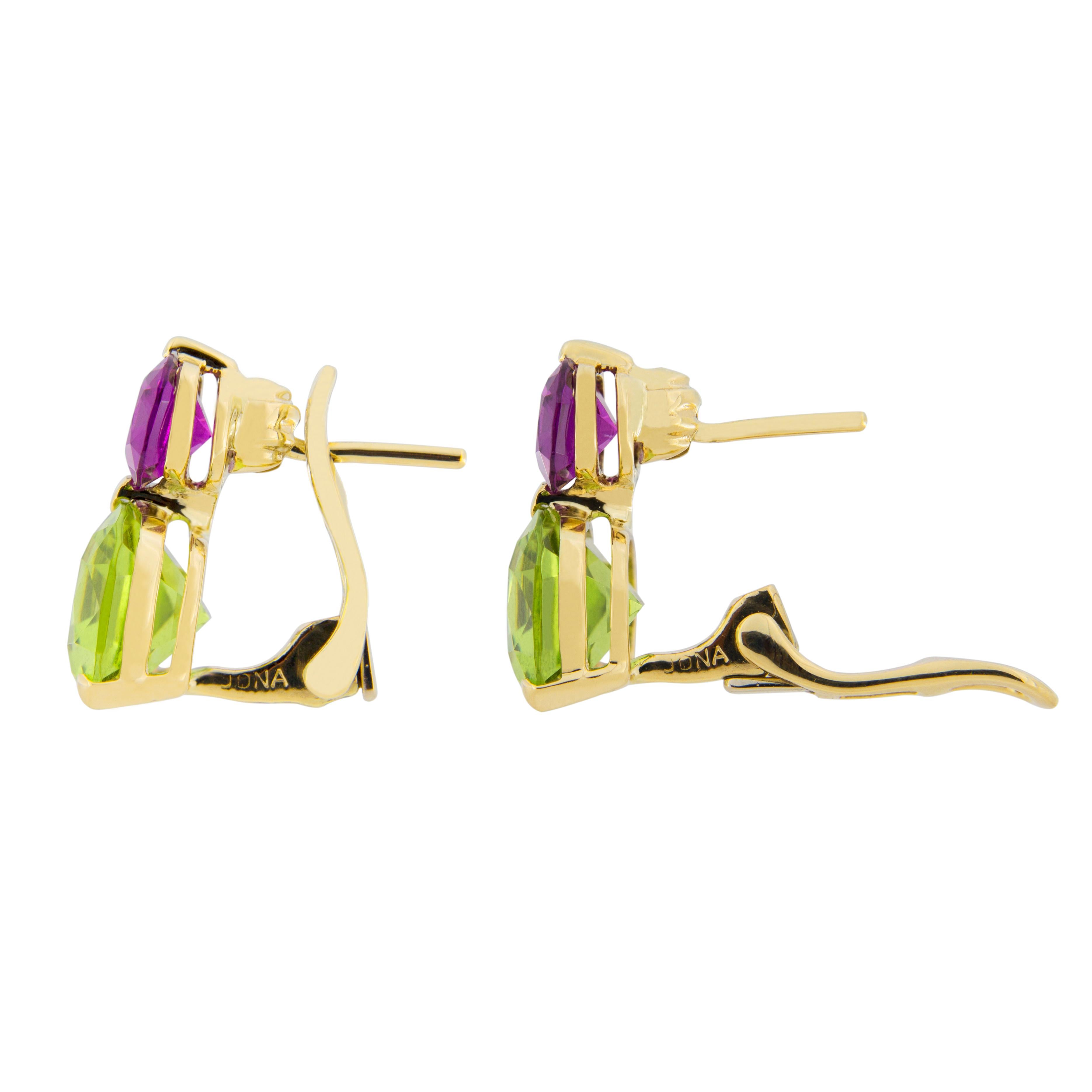 Women's or Men's Jona Peridot Mozambique Purple Garnet 18 Karat Yellow Gold Drop Clip-On Earrings