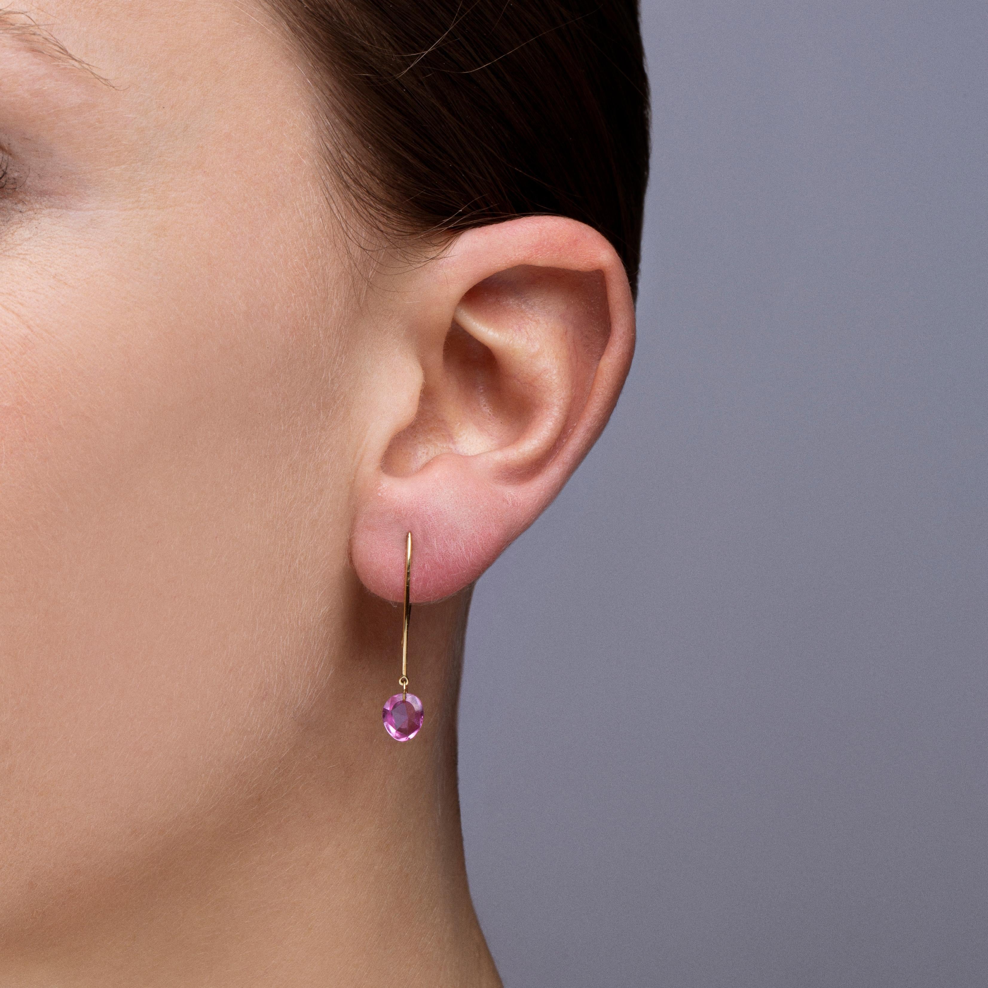 Alex Jona design collection, hand crafted in Italy, 18 karat yellow gold Earrings suspending two flat cut pink sapphires weighing 1.85 carats in total.
Dimension: L x  1 cm / L x  0.39 in.

Alex Jona jewels stand out, not only for their special