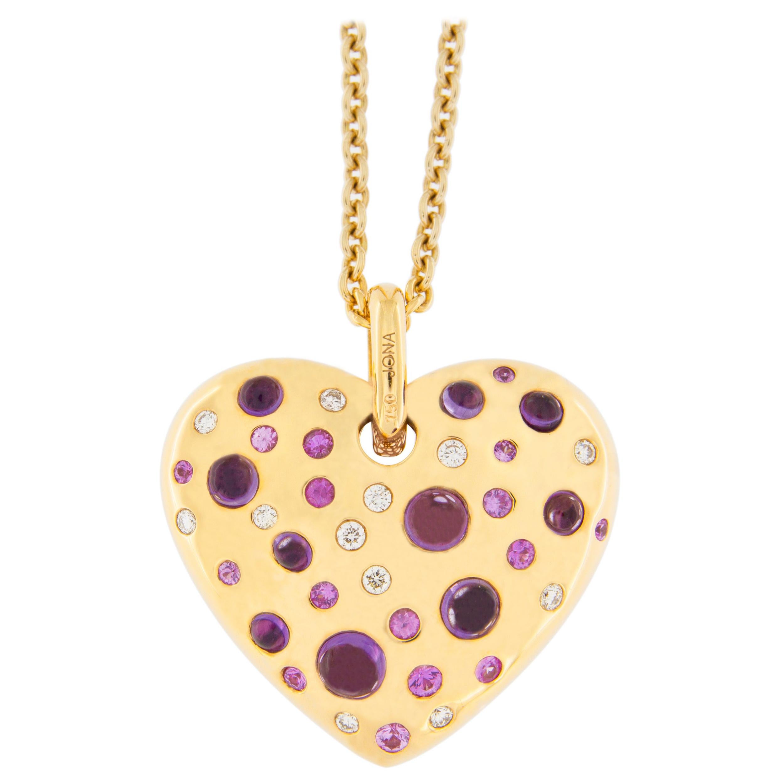 Alex Jona Pink Sapphire Amethyst Diamond 18 k Rose Gold Heart Pendant Necklace