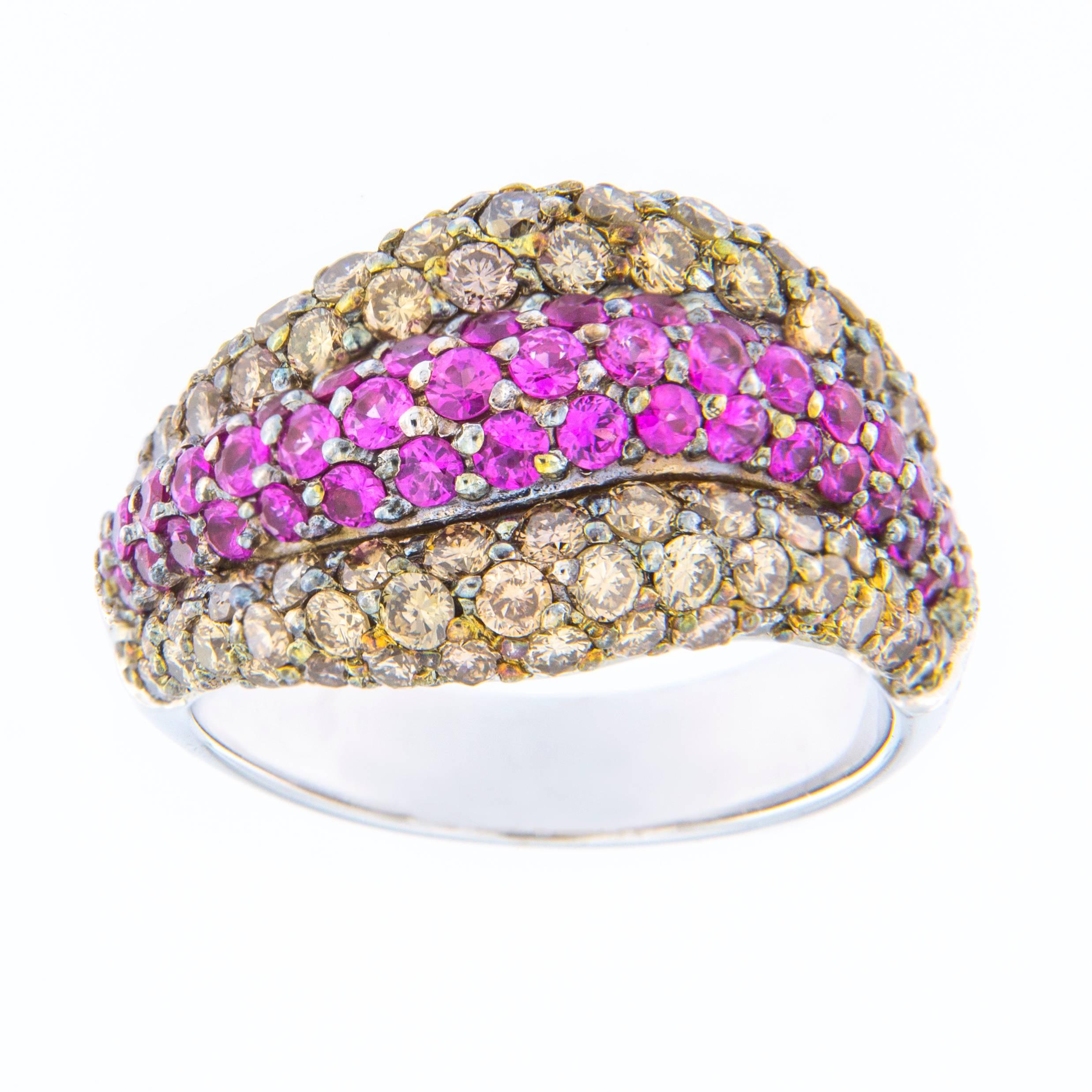 Alex Jona Pink Sapphire Brown Diamond 18 Karat White Gold Ring In New Condition For Sale In Torino, IT