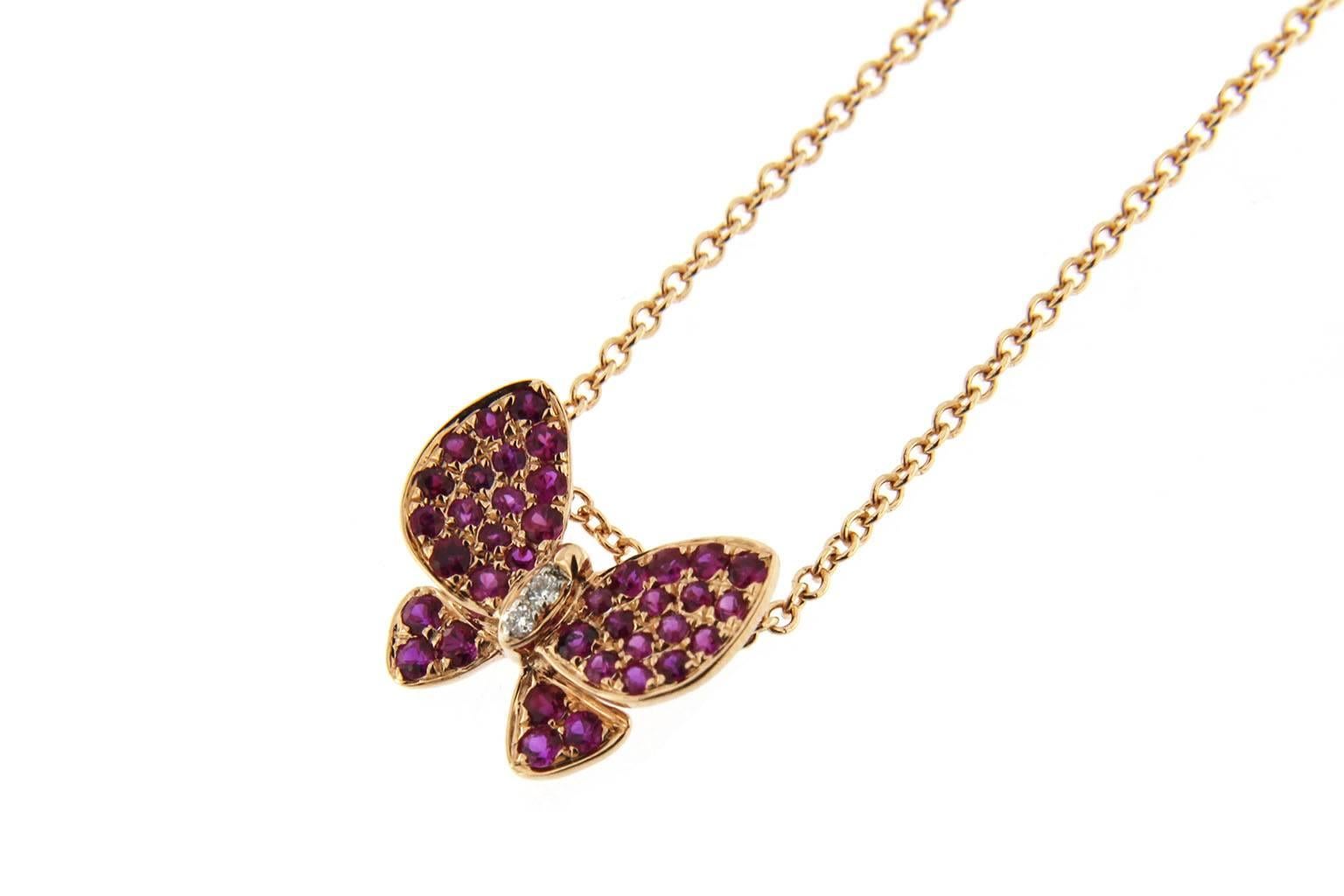 Round Cut Jona Pink Sapphire White Diamond 18 Karat Rose Gold Butterfly Pendant Necklace