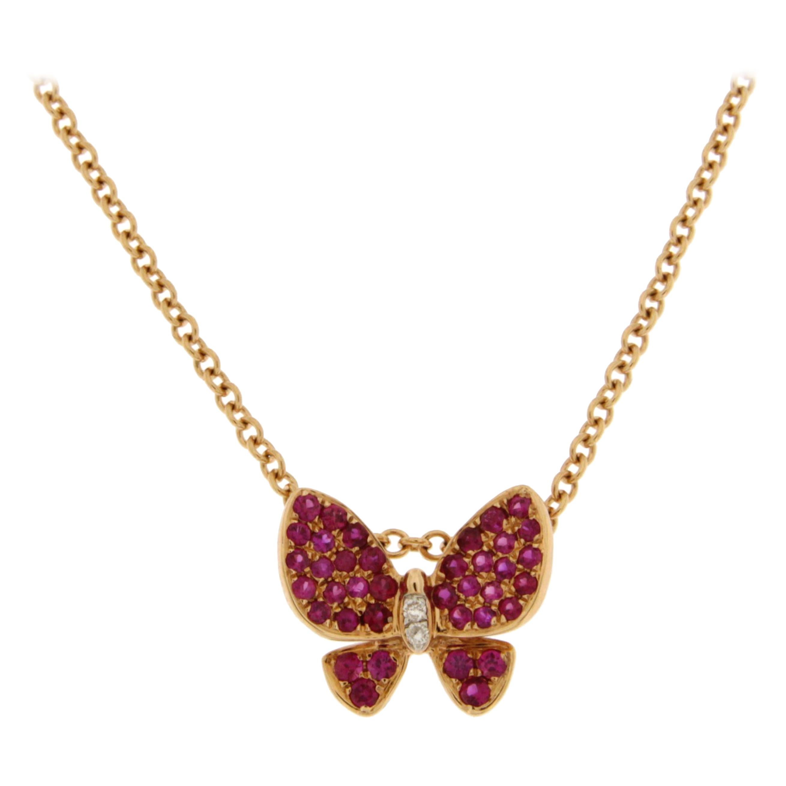 Jona Pink Sapphire White Diamond 18 Karat Rose Gold Butterfly Pendant Necklace