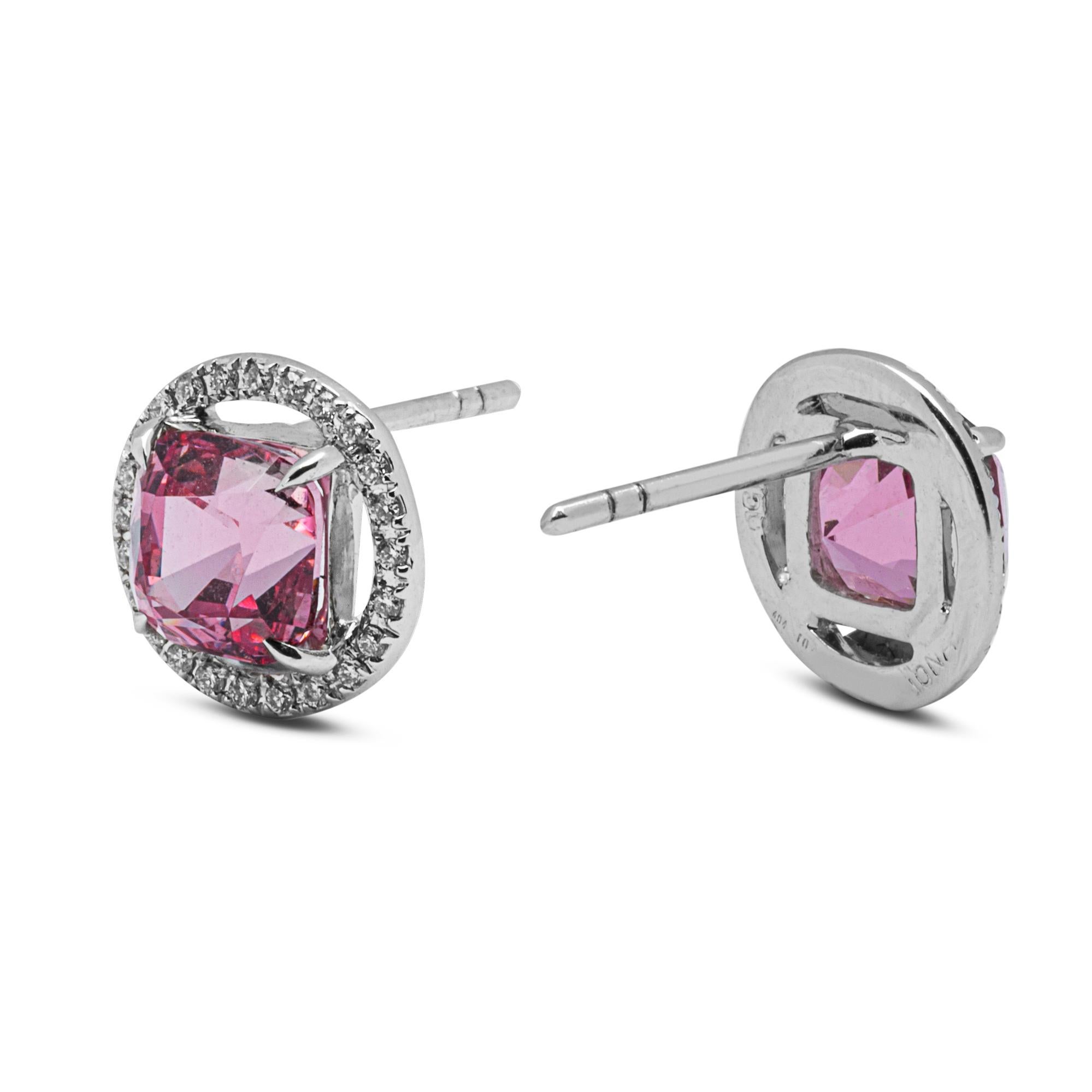 Cushion Cut Alex Jona Pink Spinel White Diamond Halo 18 Karat White Gold Stud Earrings For Sale