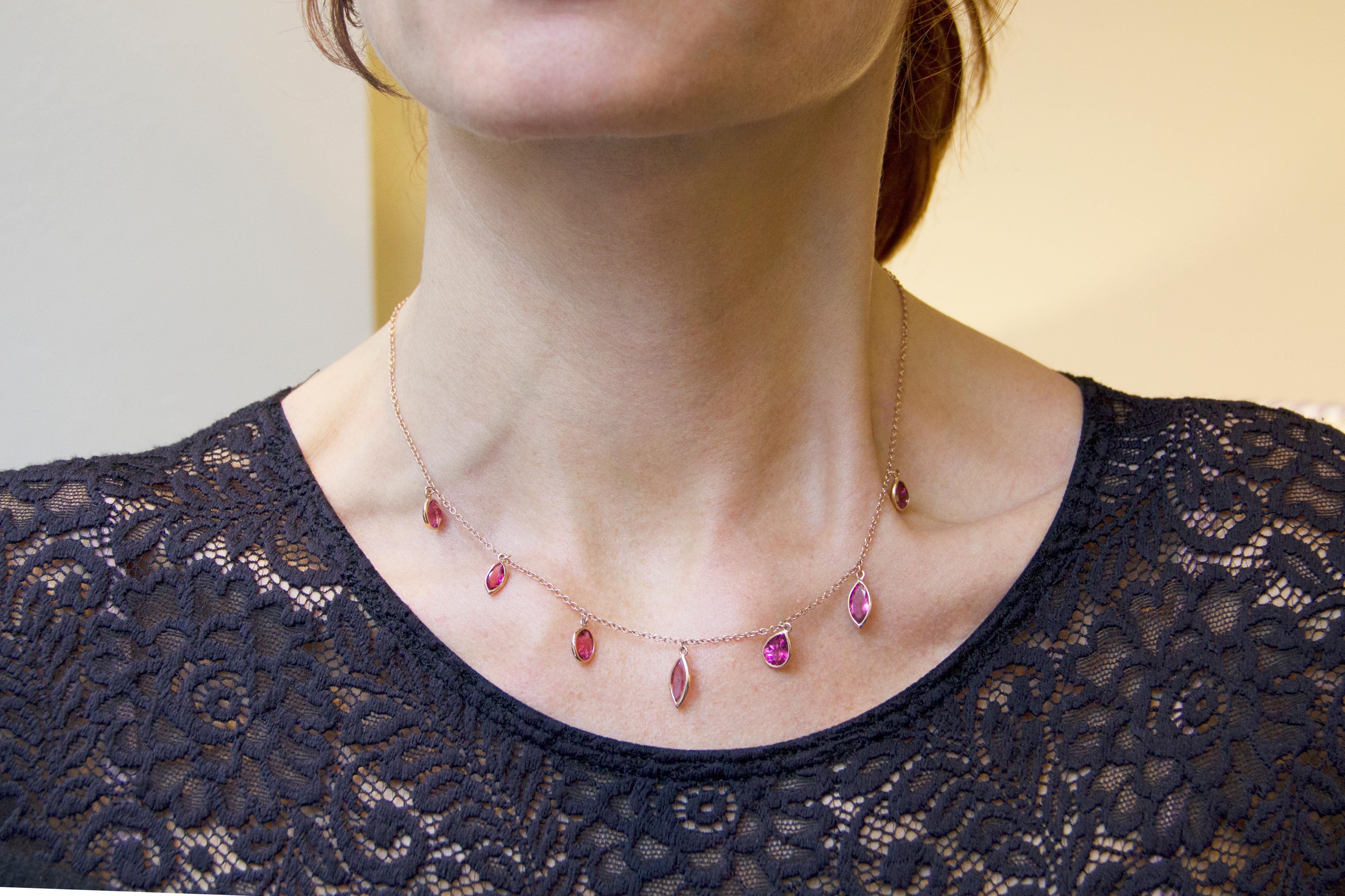 Jona design collection, Hand crafted in Italy, 18 Karat Rose gold chain necklace suspending 7  multiple cut Pink Tourmalines. 
Dimension: L 17.71 in/ 45 cm 
Weight : 5.3 g
All Jona jewelry is new and has never been previously owned or worn. Each