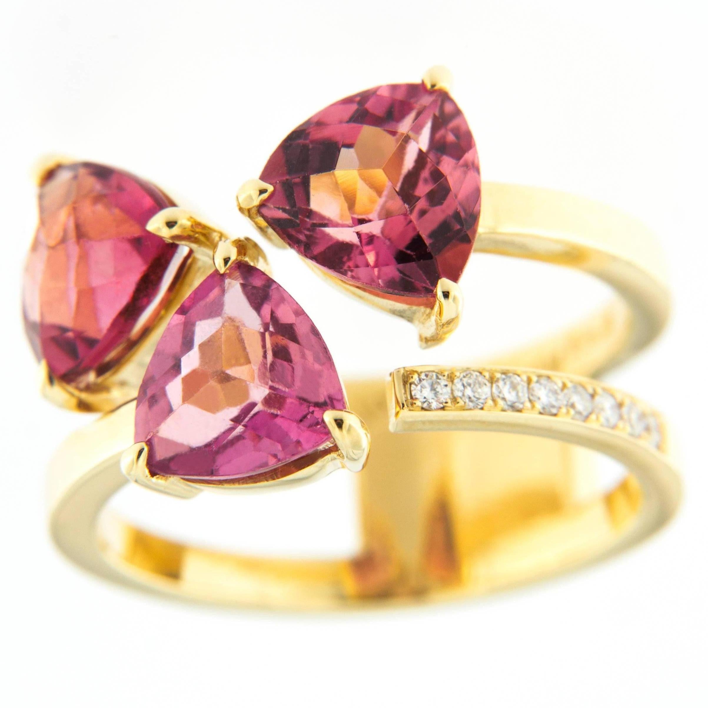 Trillion Cut Jona Pink Tourmaline White Diamond 18 Karat Yellow Gold Ring