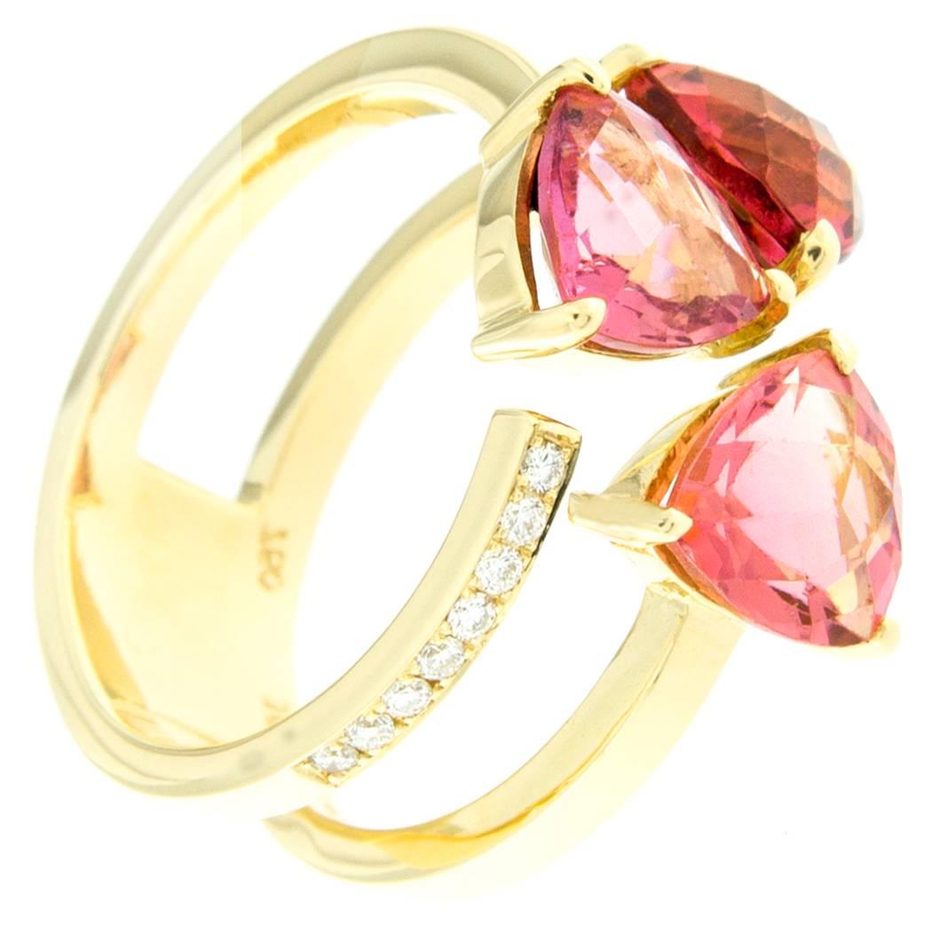 Jona Pink Tourmaline White Diamond 18 Karat Yellow Gold Ring 1