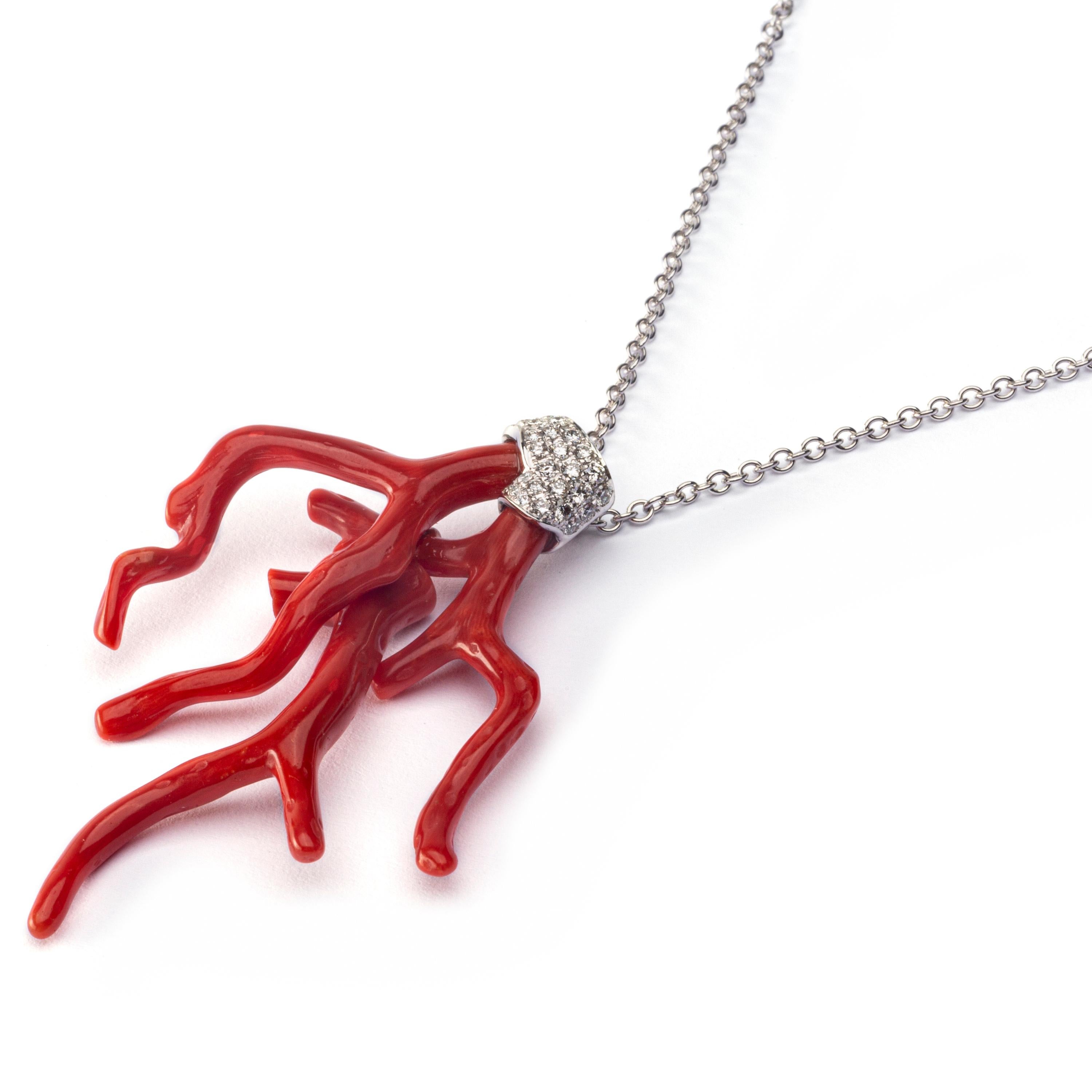 Alex Jona Red Coral Branch White Diamond 18 Karat White Gold ...
