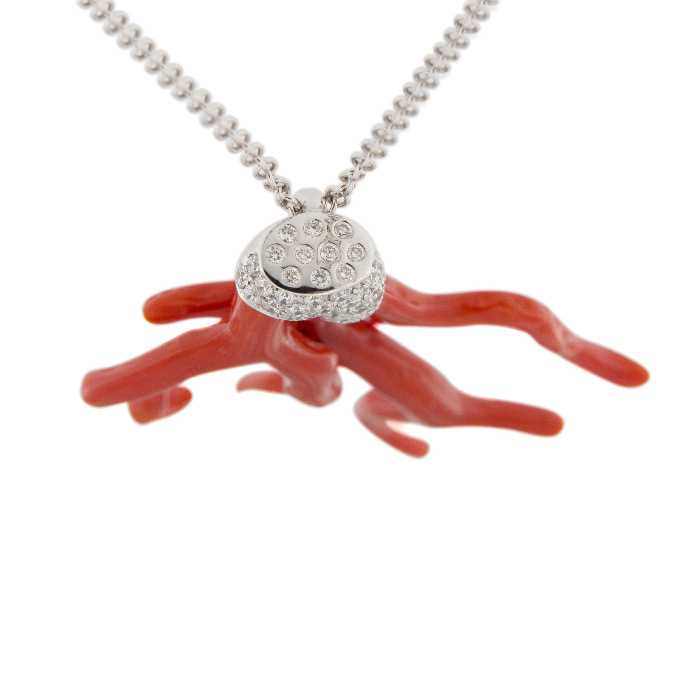 Women's Jona Red Coral Branch White Diamond 18 Karat White Gold Pendant Necklace