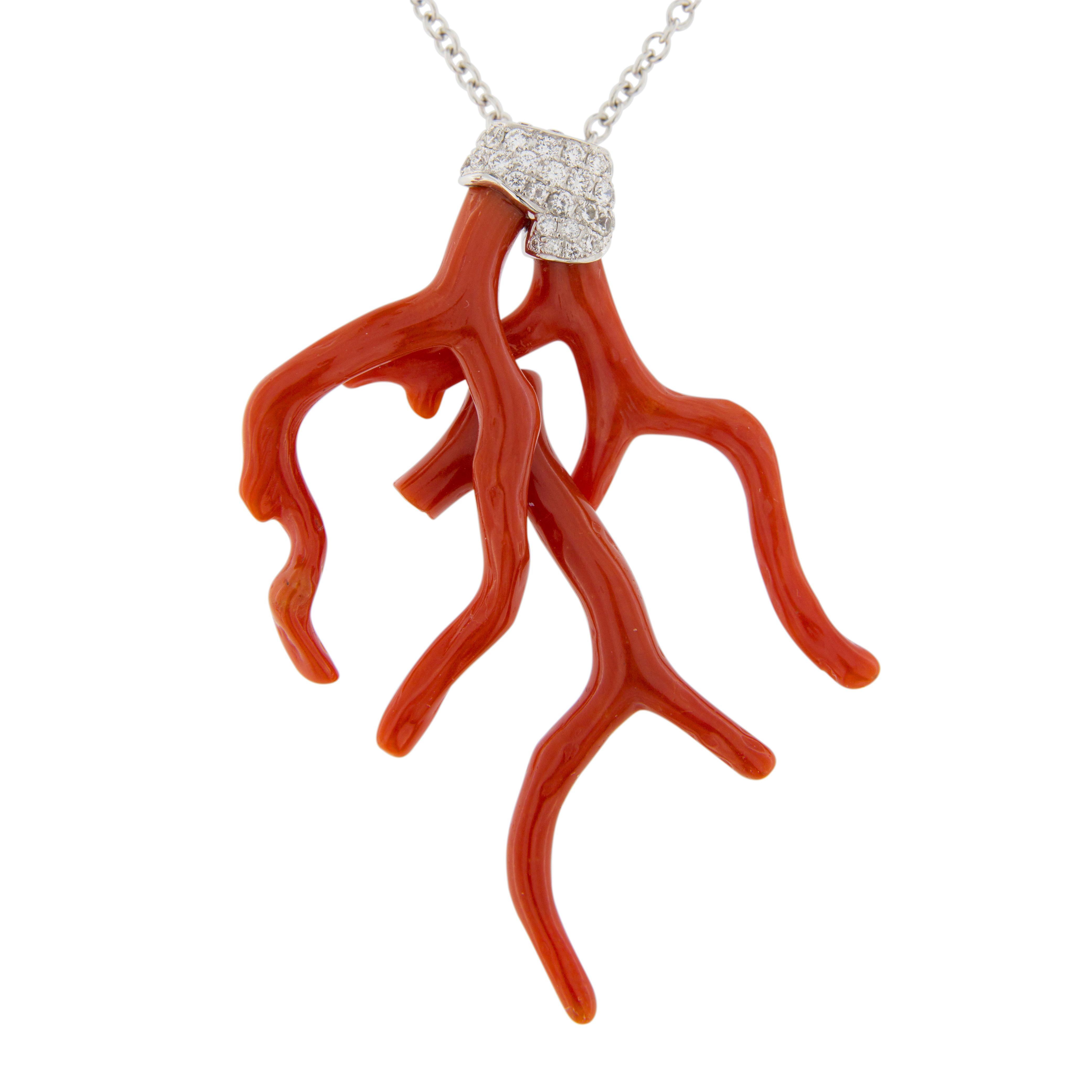 Alex Jona Red Coral Branch White Diamond 18 Karat White Gold ...