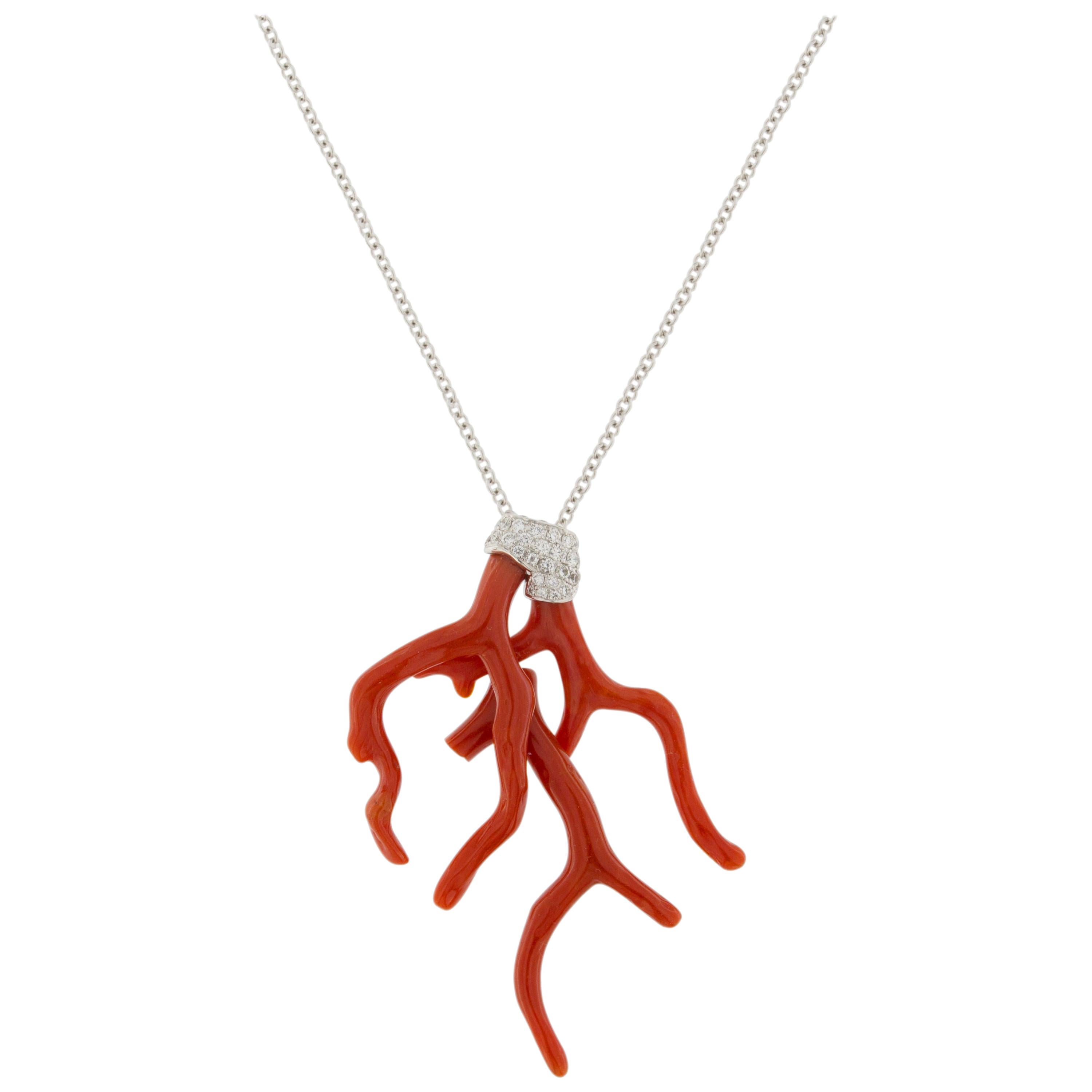 Jona Red Coral Branch White Diamond 18 Karat White Gold Pendant Necklace