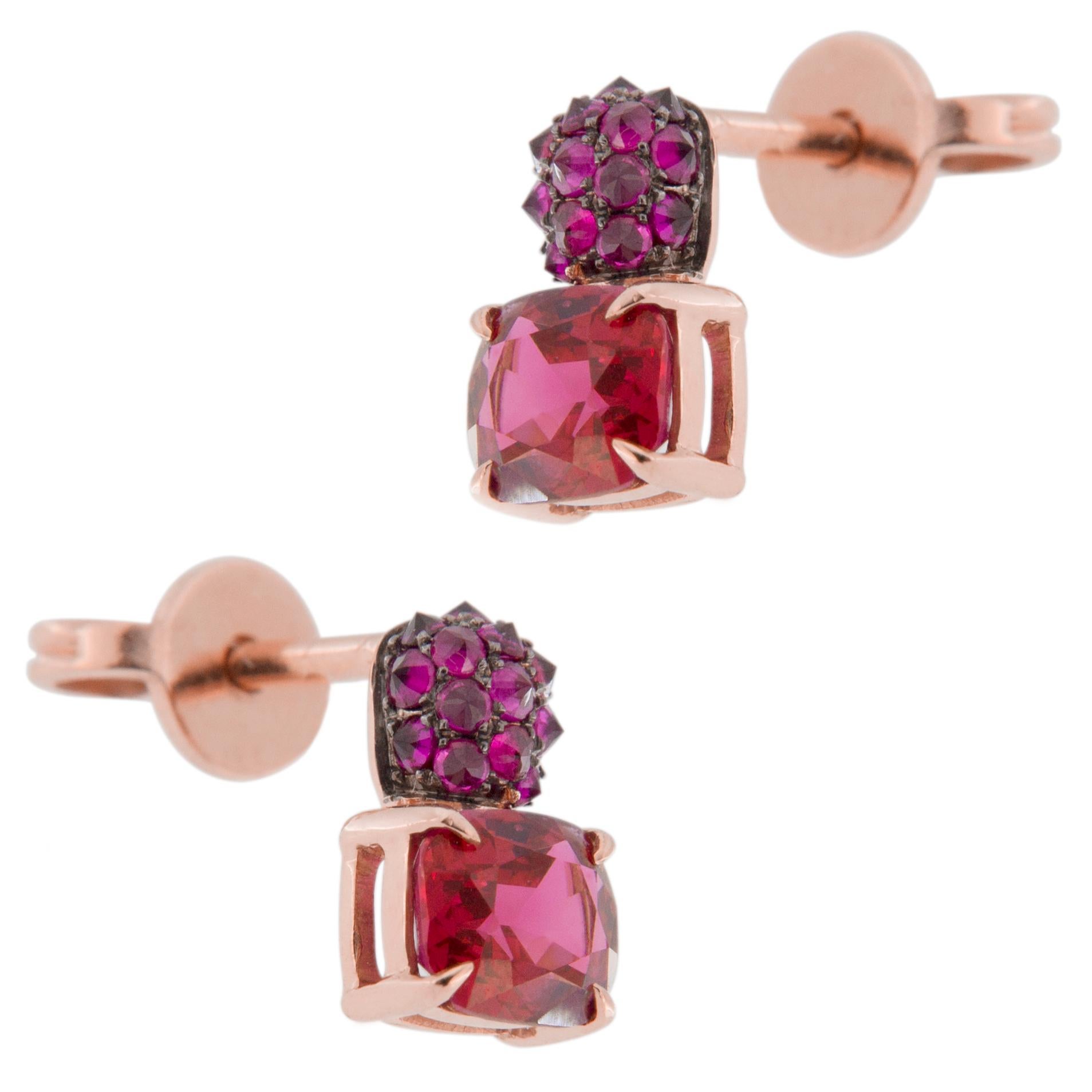 Cushion Cut Jona Red Spinel and Ruby 18 Karat Rose Gold Stud Earrings