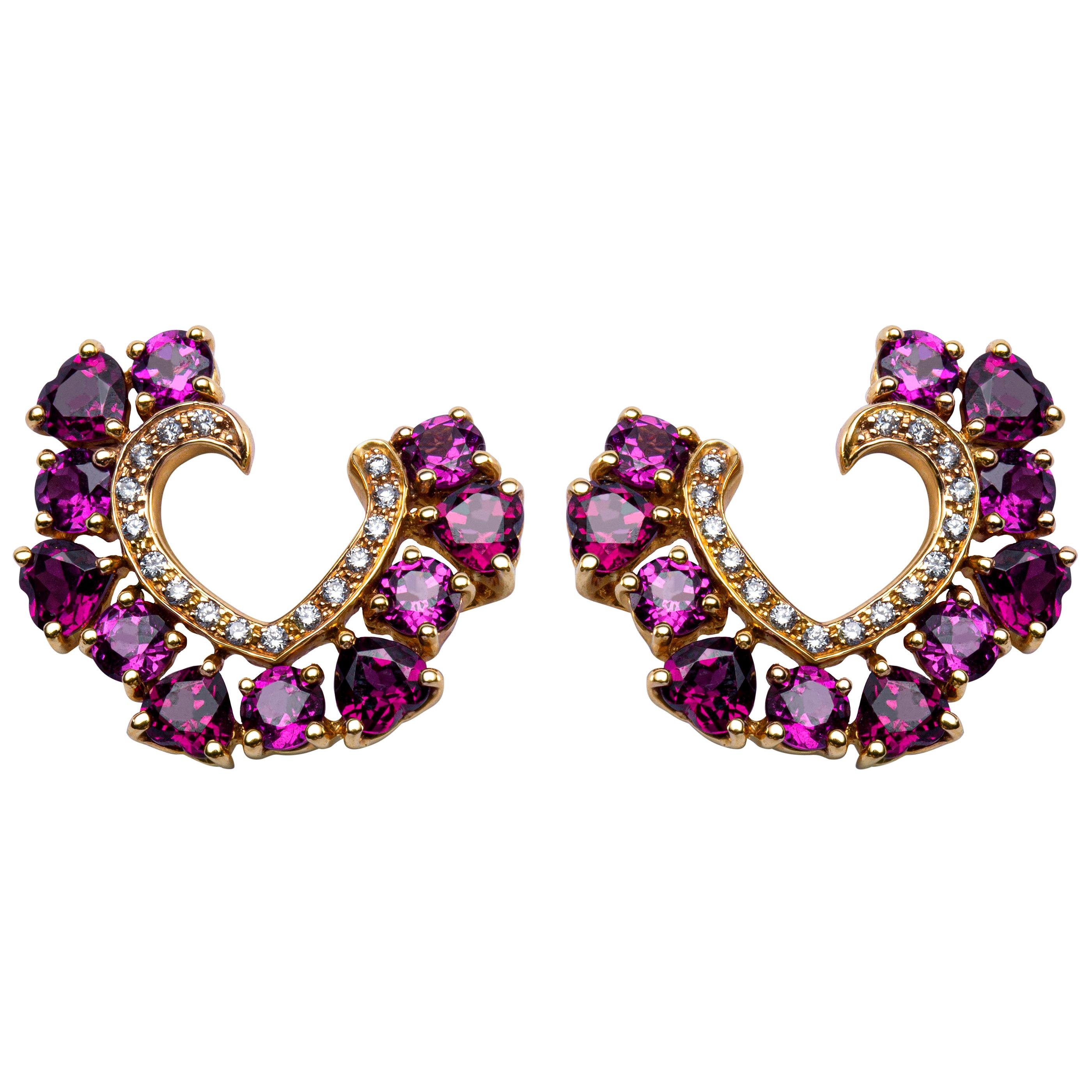 Alex Jona Rhodolite White Diamond 18 Karat Gold Open Heart Stud Earrings For Sale