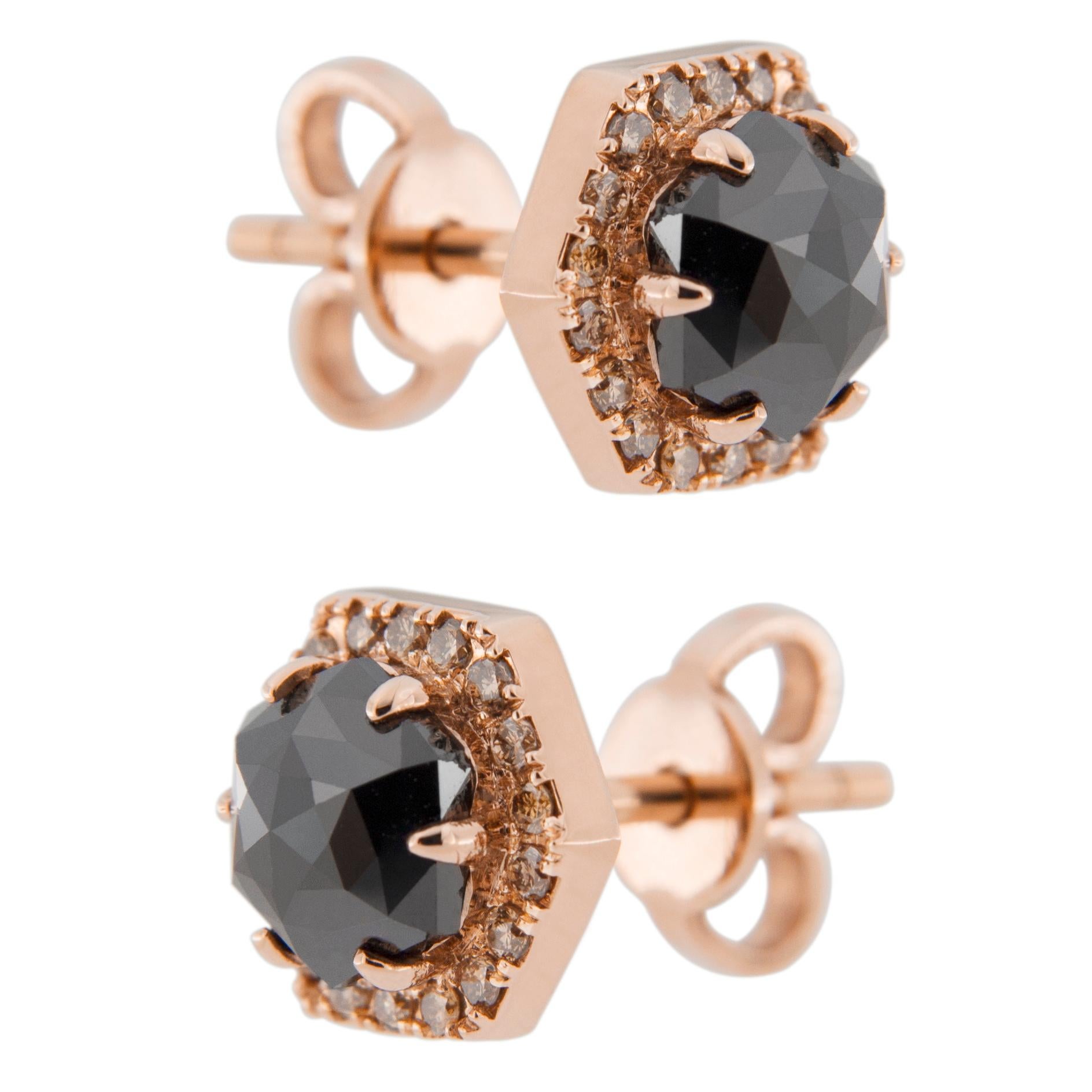 Women's or Men's Jona Rose Cut Black Diamond Brown Diamond 18 Karat Rose Gold Stud Earrings