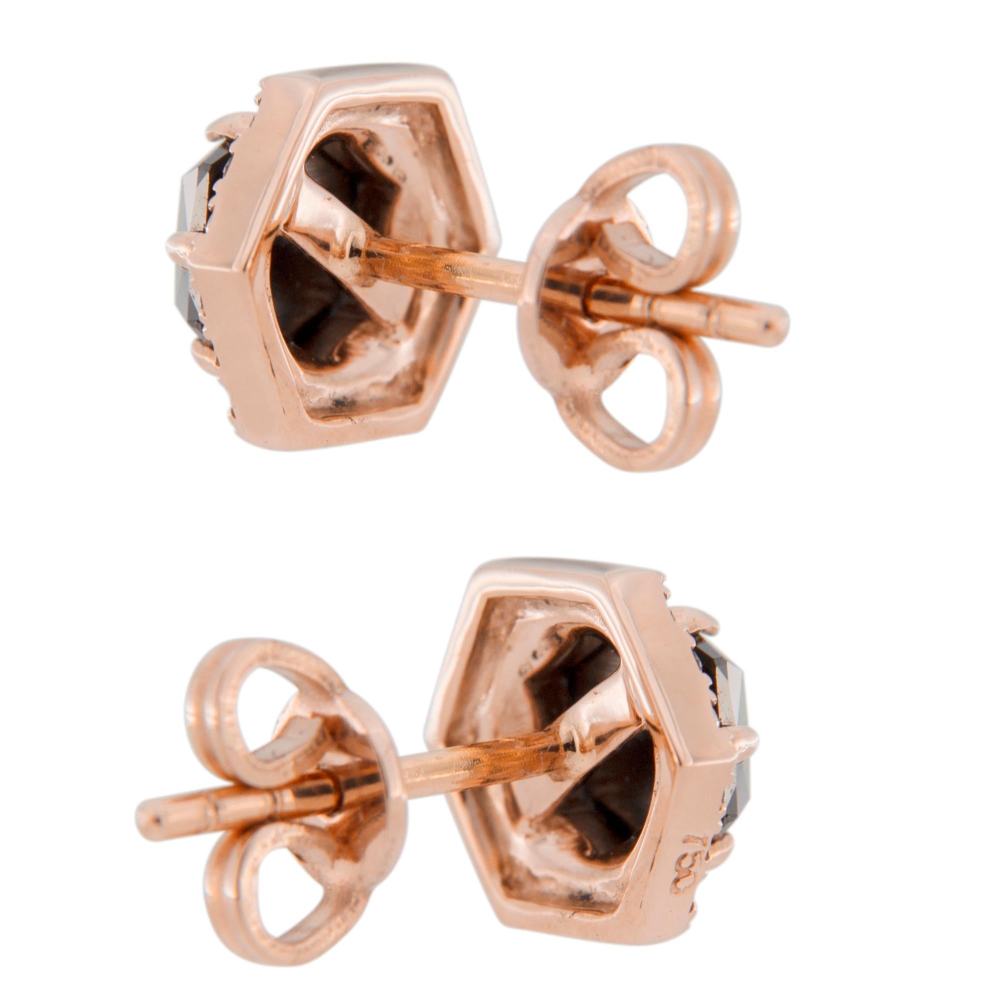 Jona Rose Cut Black Diamond Brown Diamond 18 Karat Rose Gold Stud Earrings 1