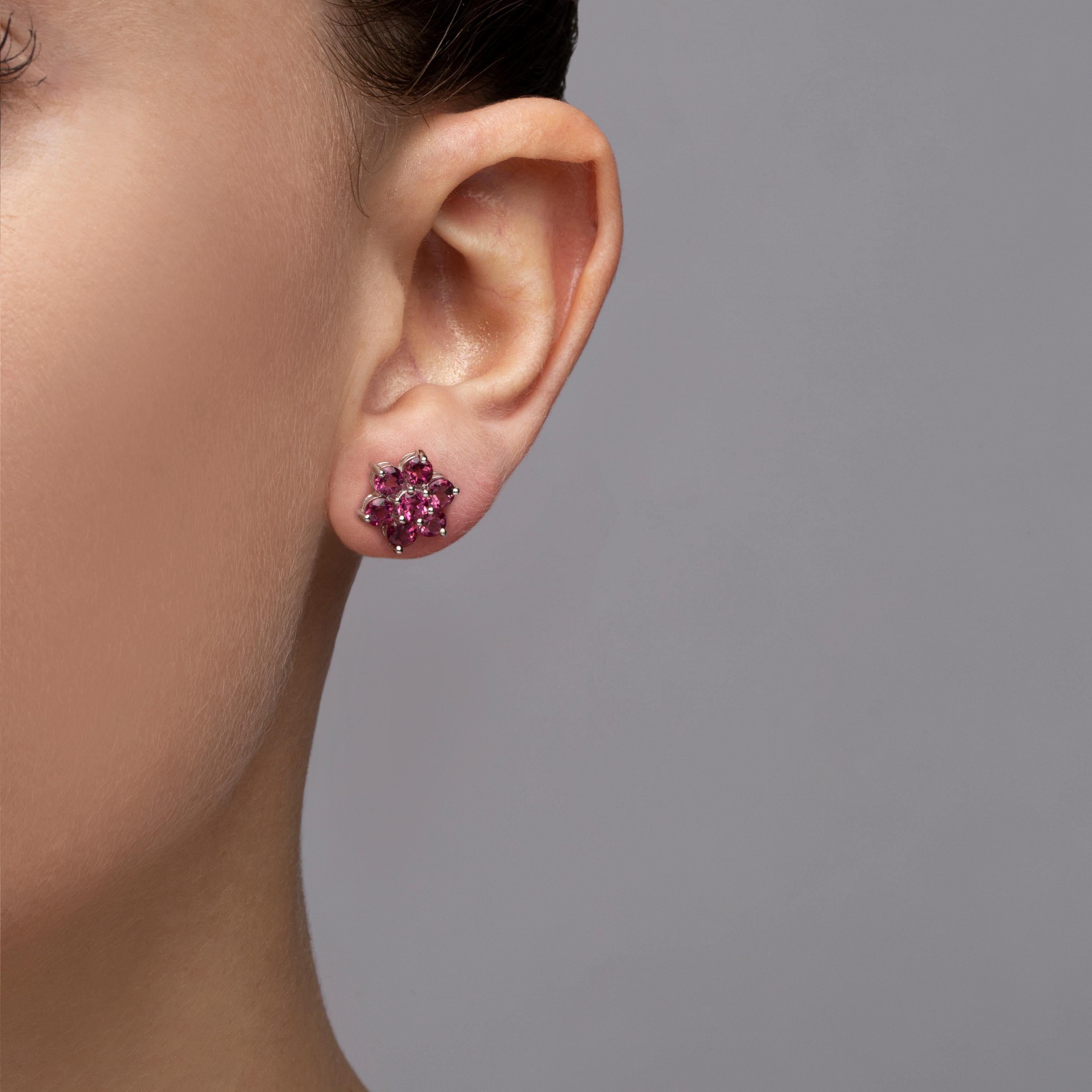 Alex Jona design collection, hand crafted in Italy, 18 karat white gold stud earrings, set with 7 rubelite tourmalines each, weighing 3,61 carats in total. 

Alex Jona jewels stand out, not only for their special design and for the excellent quality