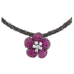 Alex Jona Ruby White Diam. 18Karat Gold Flower Pendant on Silver Chain Necklace