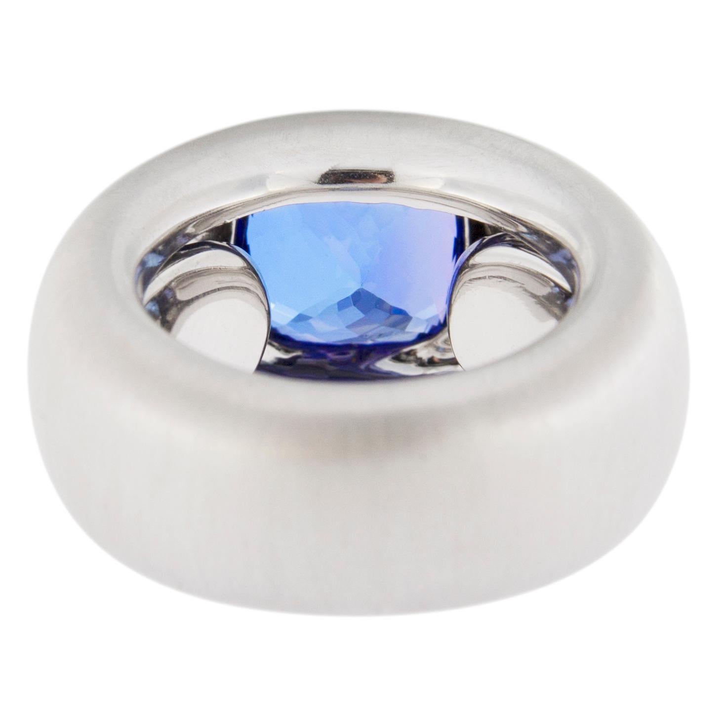 Alex Jona Square Cushion-Cut Tanzanite 18 Karat Brushed White Gold Band Ring For Sale 3