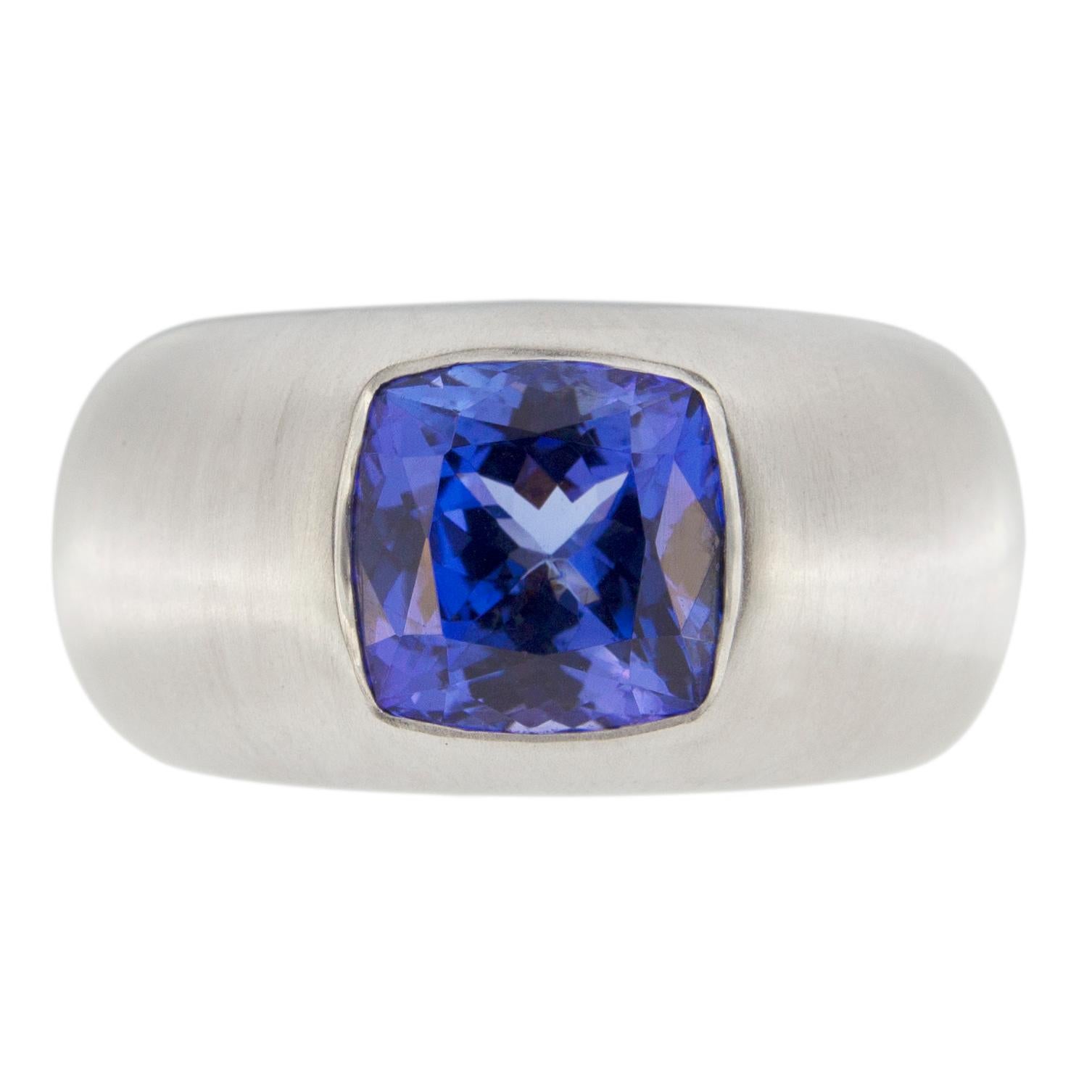 Cushion Cut Alex Jona Square Cushion-Cut Tanzanite 18 Karat Brushed White Gold Band Ring For Sale