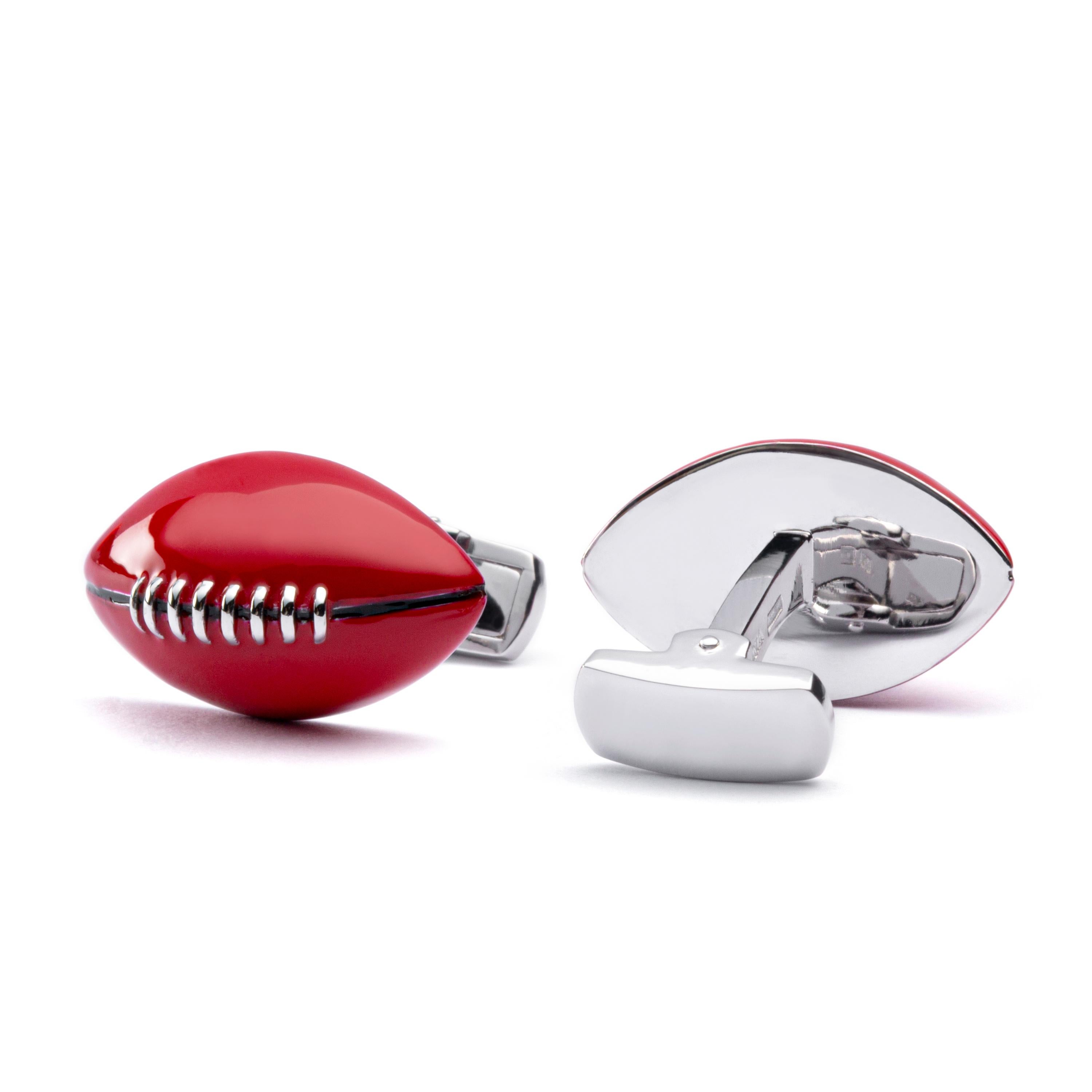 Jona design collection, hand crafted in Italy, sterling silver and red enamel rugby ball cufflinks. Marked 