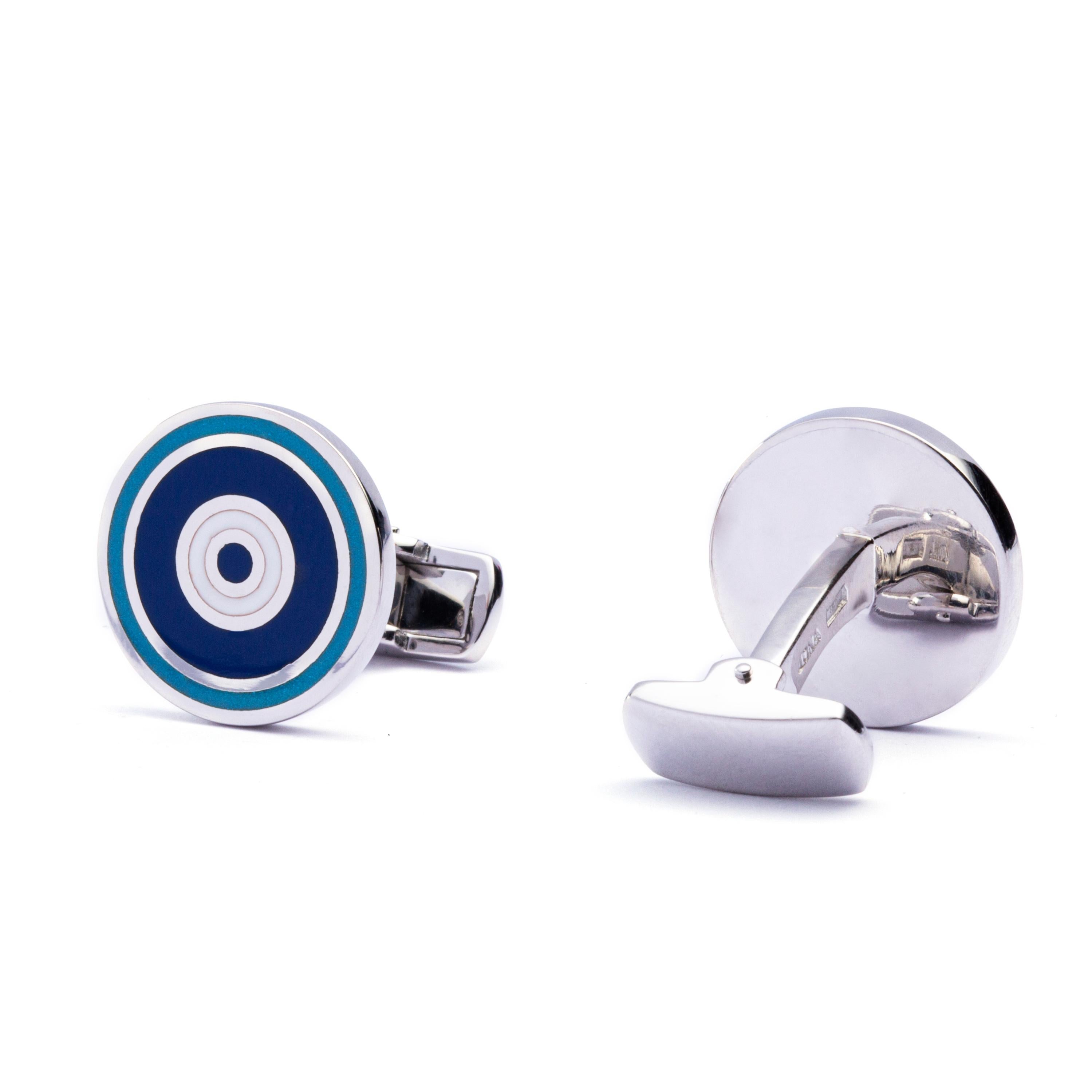 Jona Sterling Silver Blue and White Enamel Cufflinks In New Condition In Torino, IT