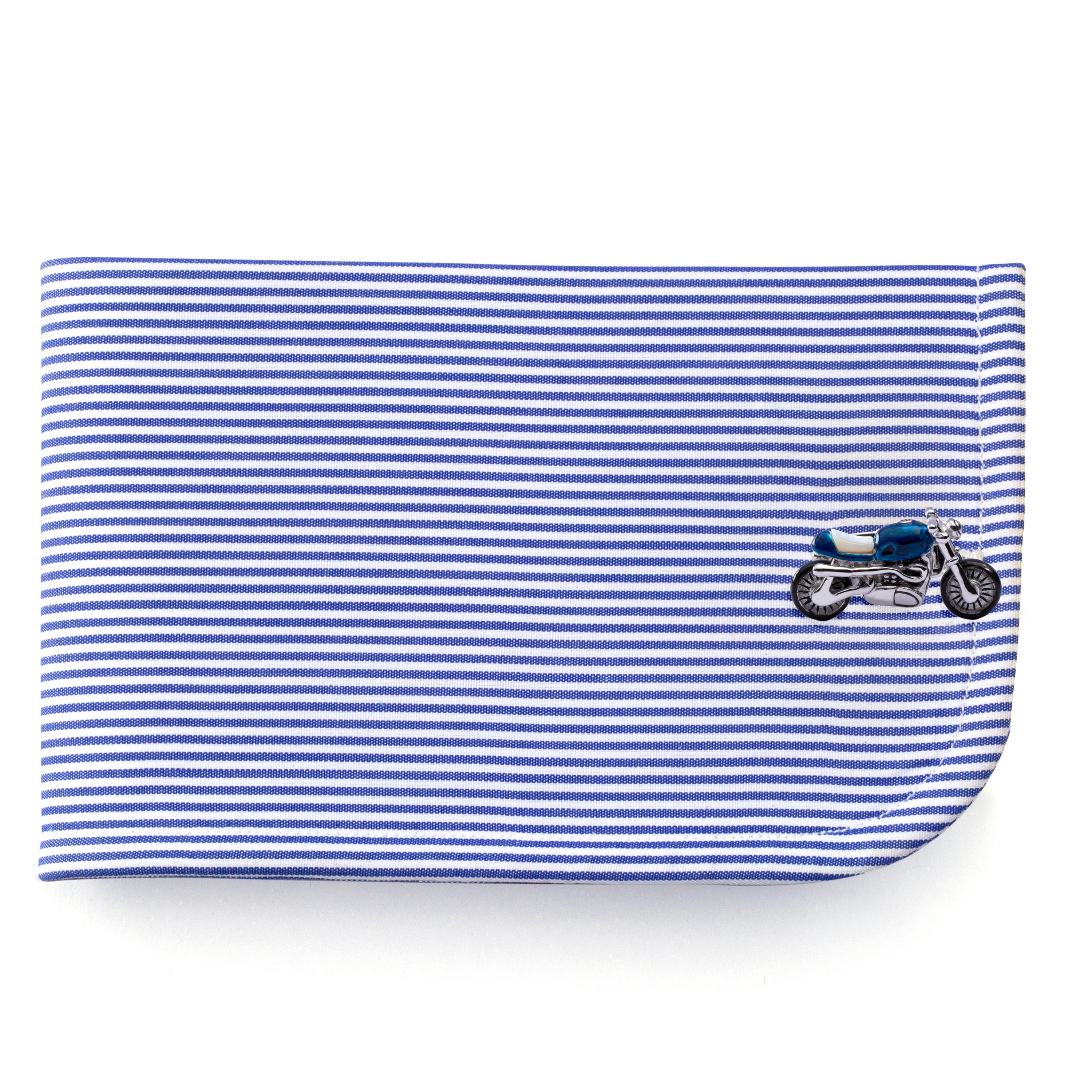 Alex Jona design collection, hand crafted in Italy, sterling silver, blue enamel, seat, motorcycle cufflinks.    Dimensions 0.95 in W x 0.52 in H.

Alex Jona cufflinks stand out, not only for their special design and for the excellent quality, but