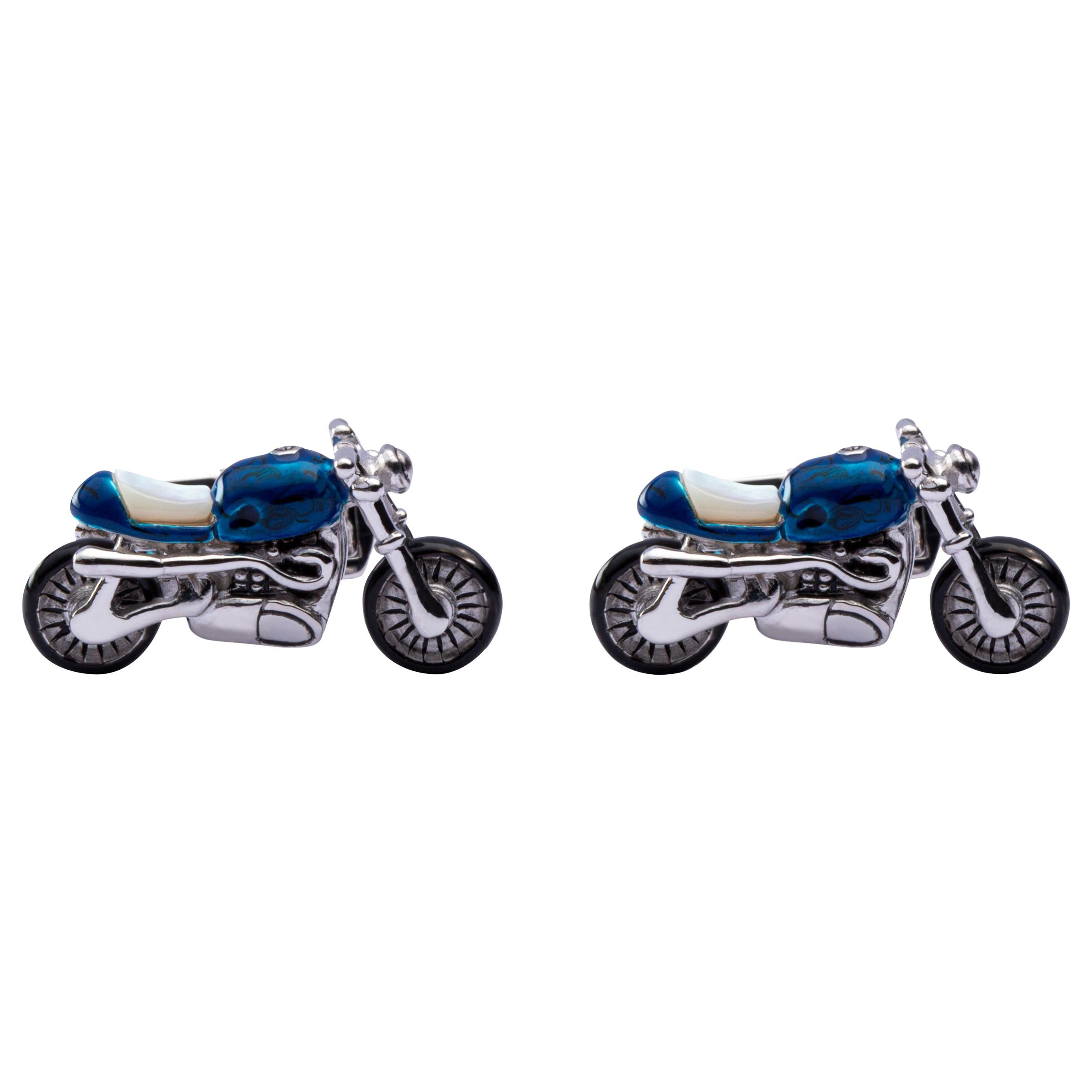 Alex Jona Sterling Silver Blue Enamel Motorcycle Cufflinks