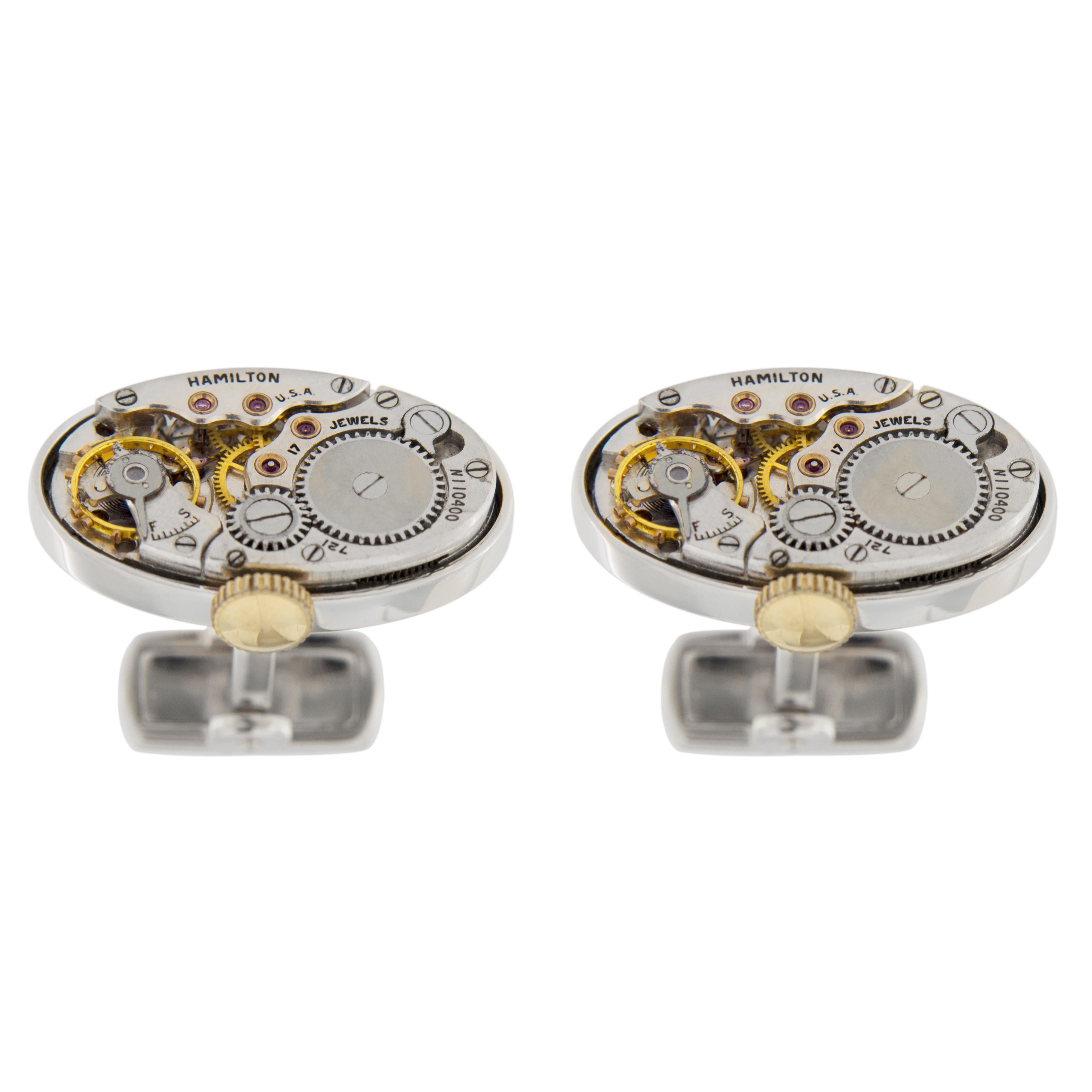 Jona Sterling Silver Cufflinks with Vintage Hamilton Watch Movement 1