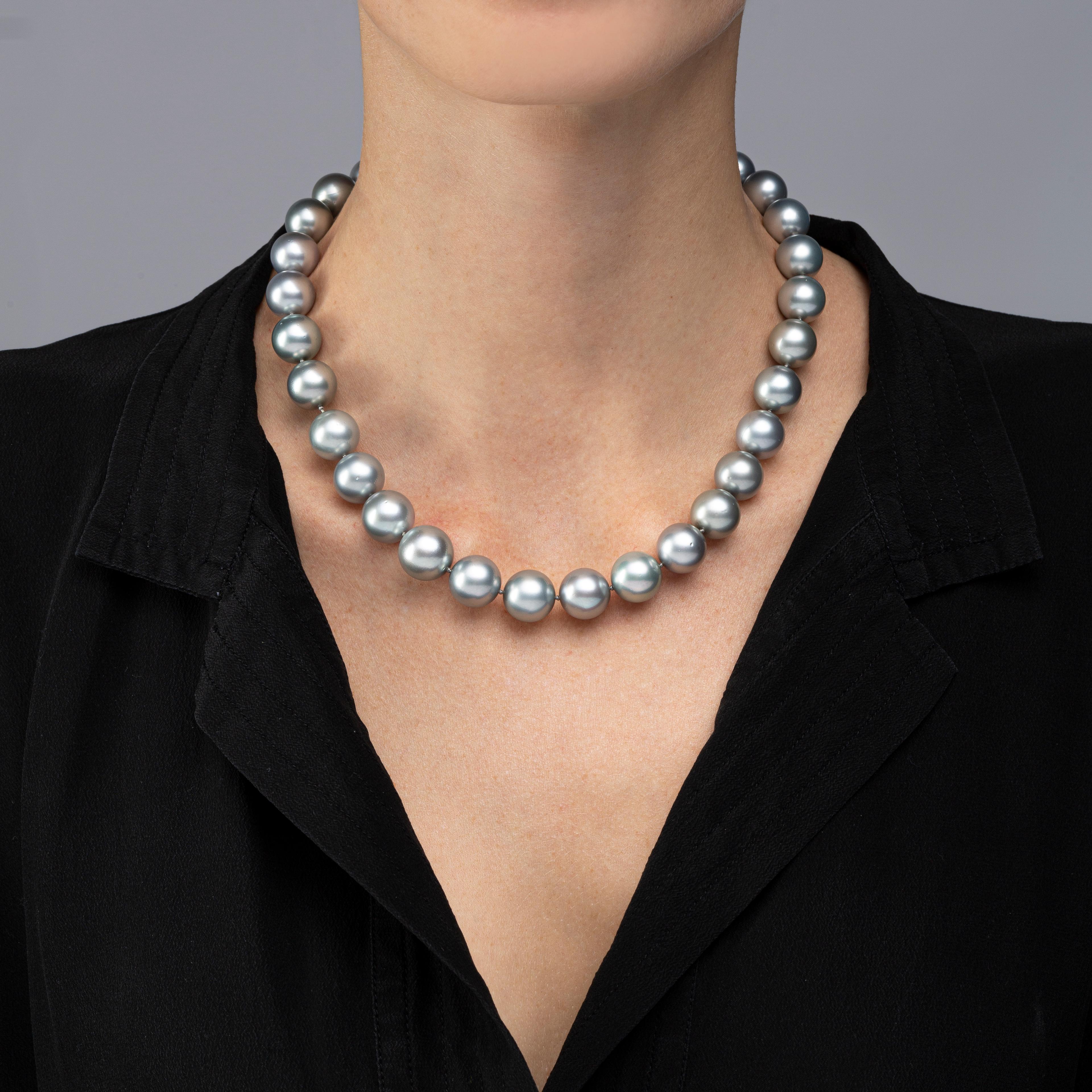 Alex Jona collection, 18.11 inch/46cm long necklace consisting of thirty three Tahiti light grey pearls strung with an invisible clasp. Pearls Details: Quality AA, Luster AA, Diameter 0.49-0.57inch /12.4-14.4mm.

Alex Jona jewels stand out, not only