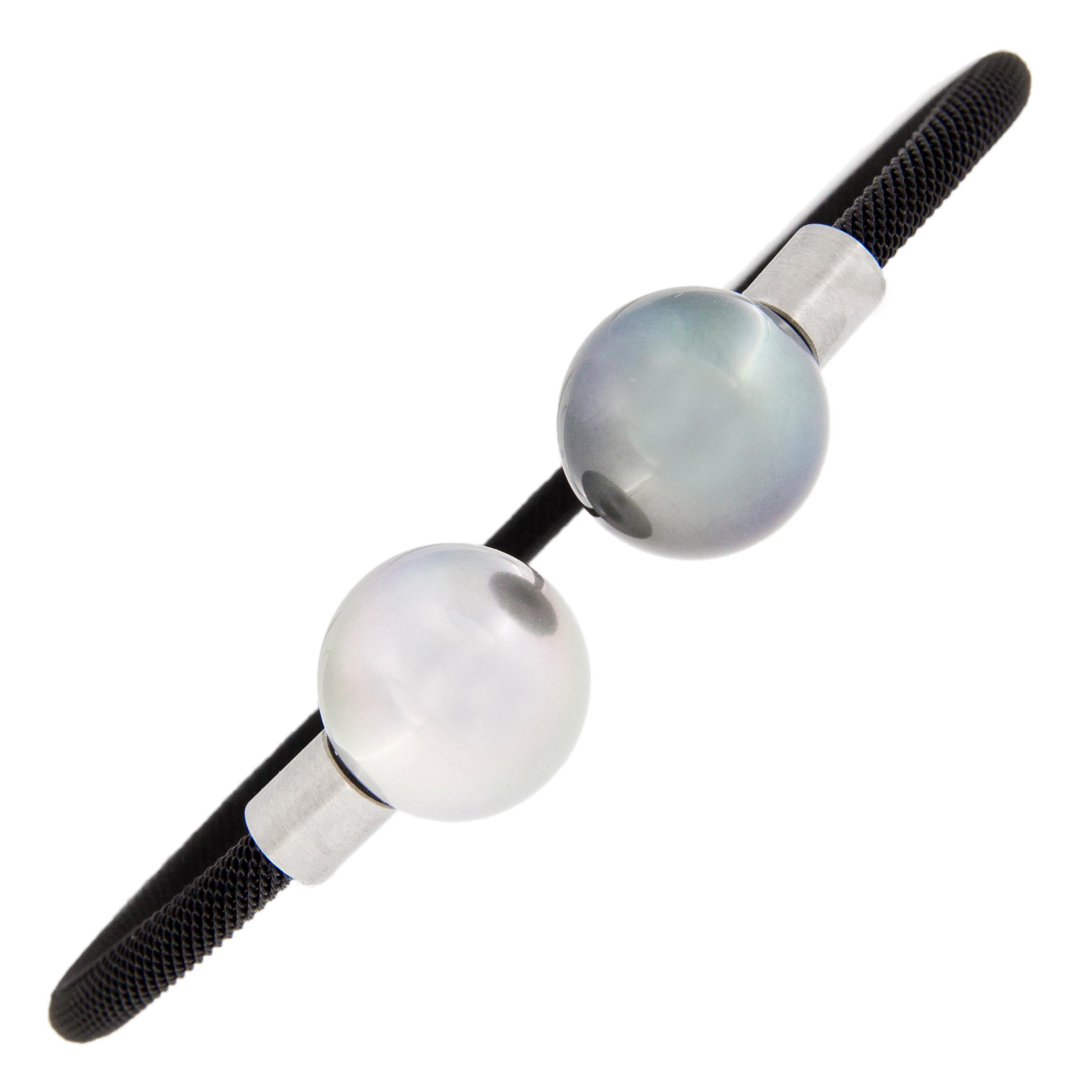 Jona Tahitian Black Grey Pearl Stainless Steel Bangle Bracelet