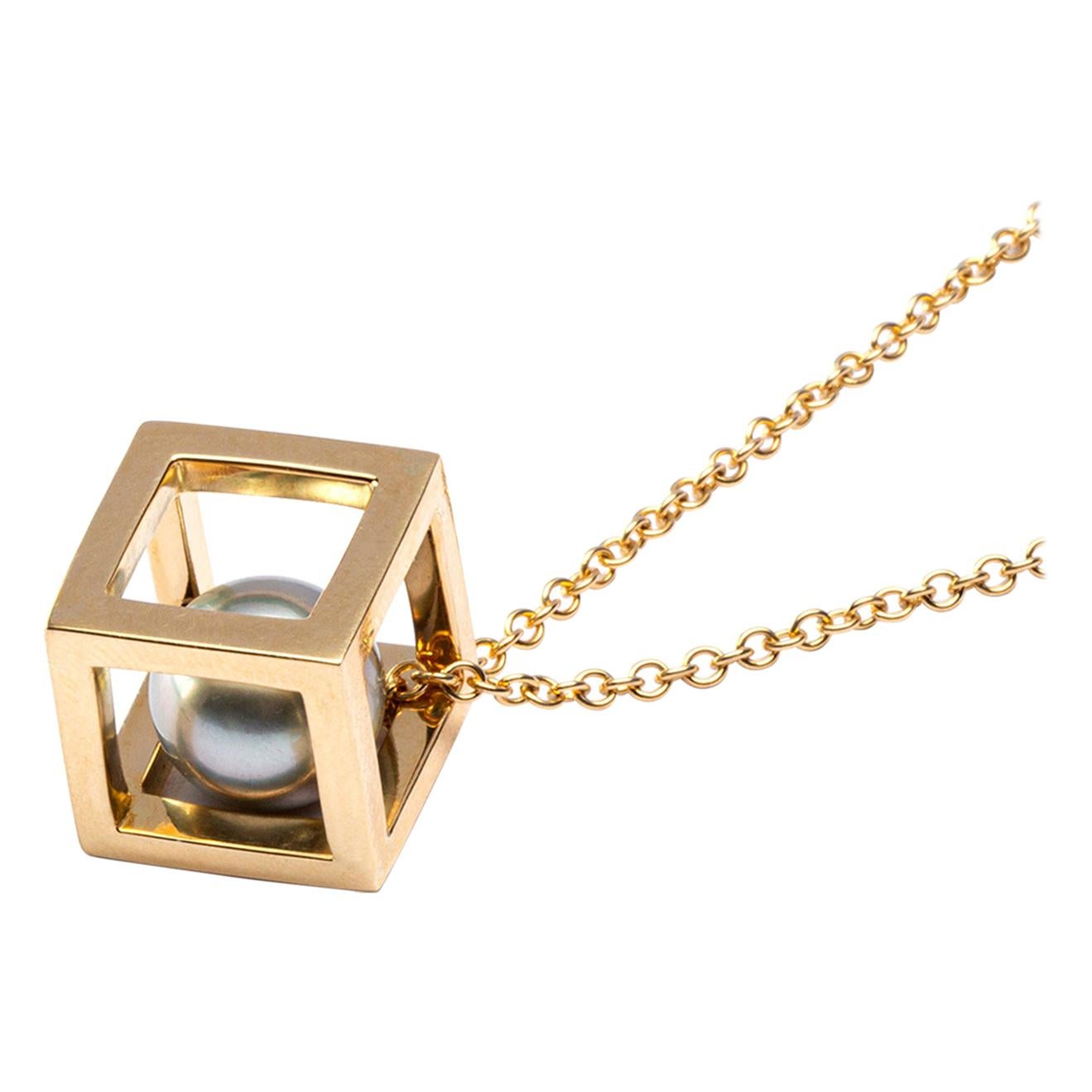 Alex Jona Tahiti Pearl 18 Karat Yellow Gold Cube Cage Pendant Necklace