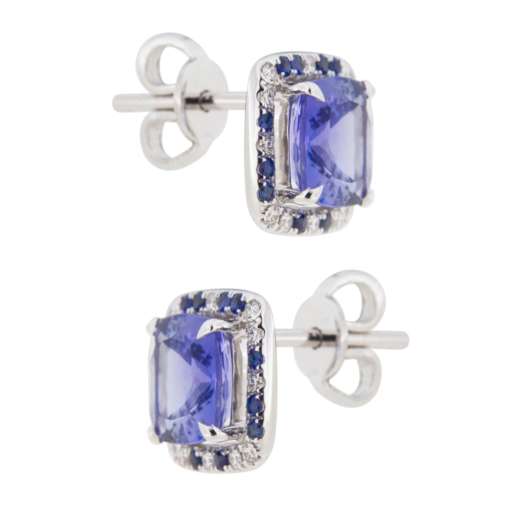 Square Cut Jona Tanzanite Blu Sapphires White Diamond 18 Karat White Gold Stud Earrings