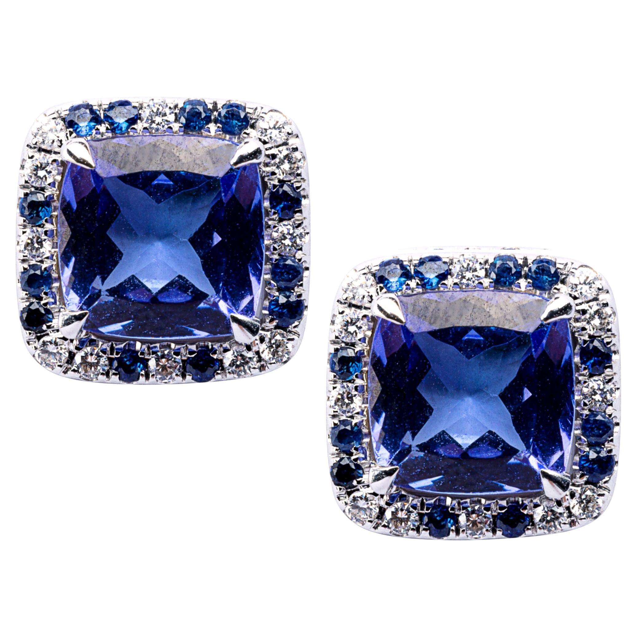 Jona Tansanit Blau Saphire Weiß Diamant 18 Karat Weißgold Ohrstecker im Angebot