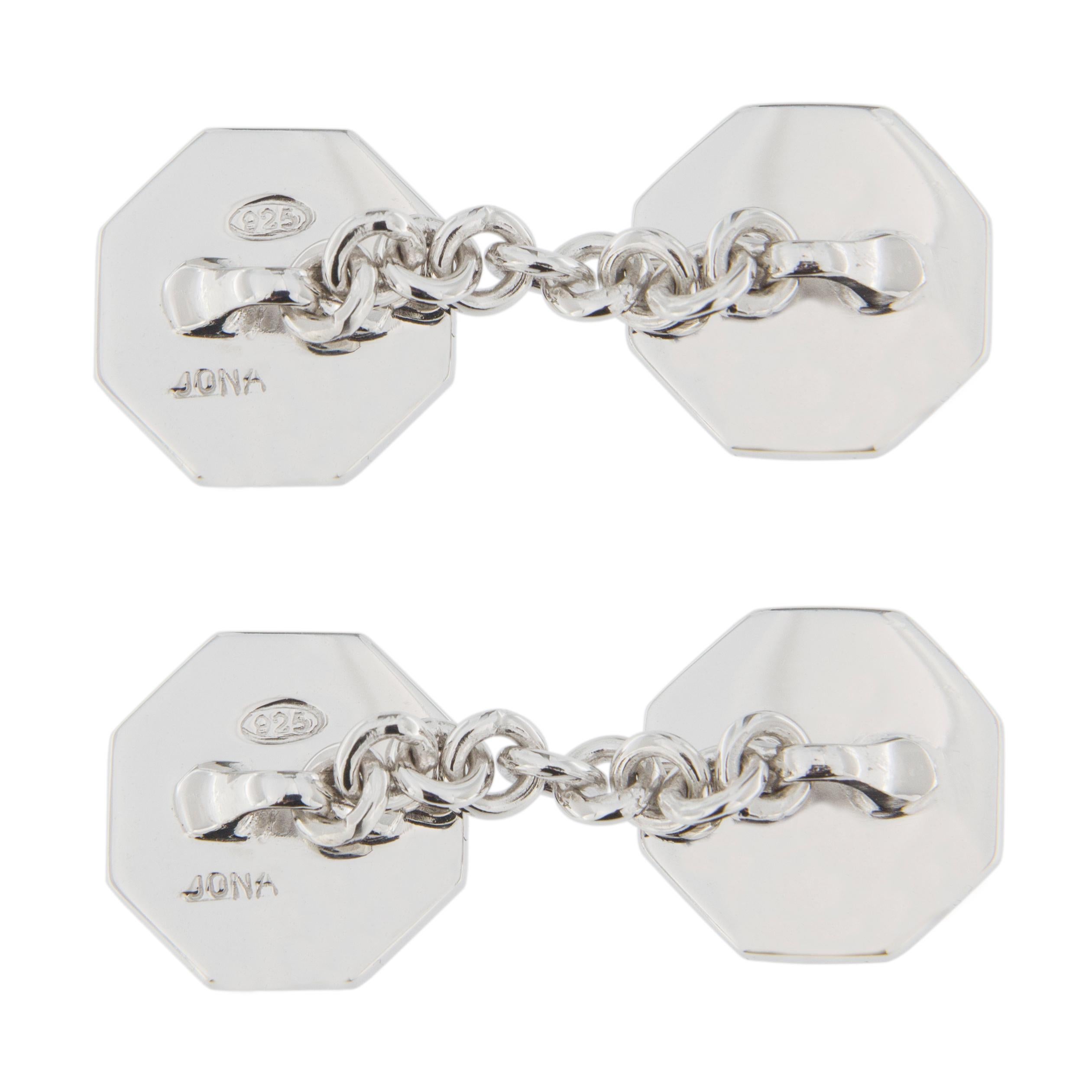 Alex Jona Turquoise Enamel Sterling Silver Octagonal Cufflinks In New Condition In Torino, IT