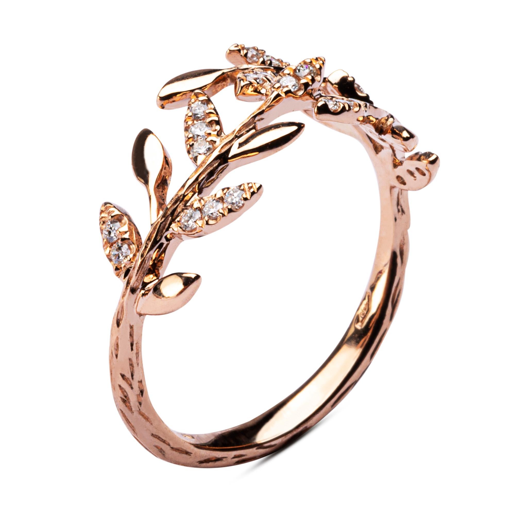 Round Cut Jona White Diamond 18 Karat Rose Gold Foliage Ring