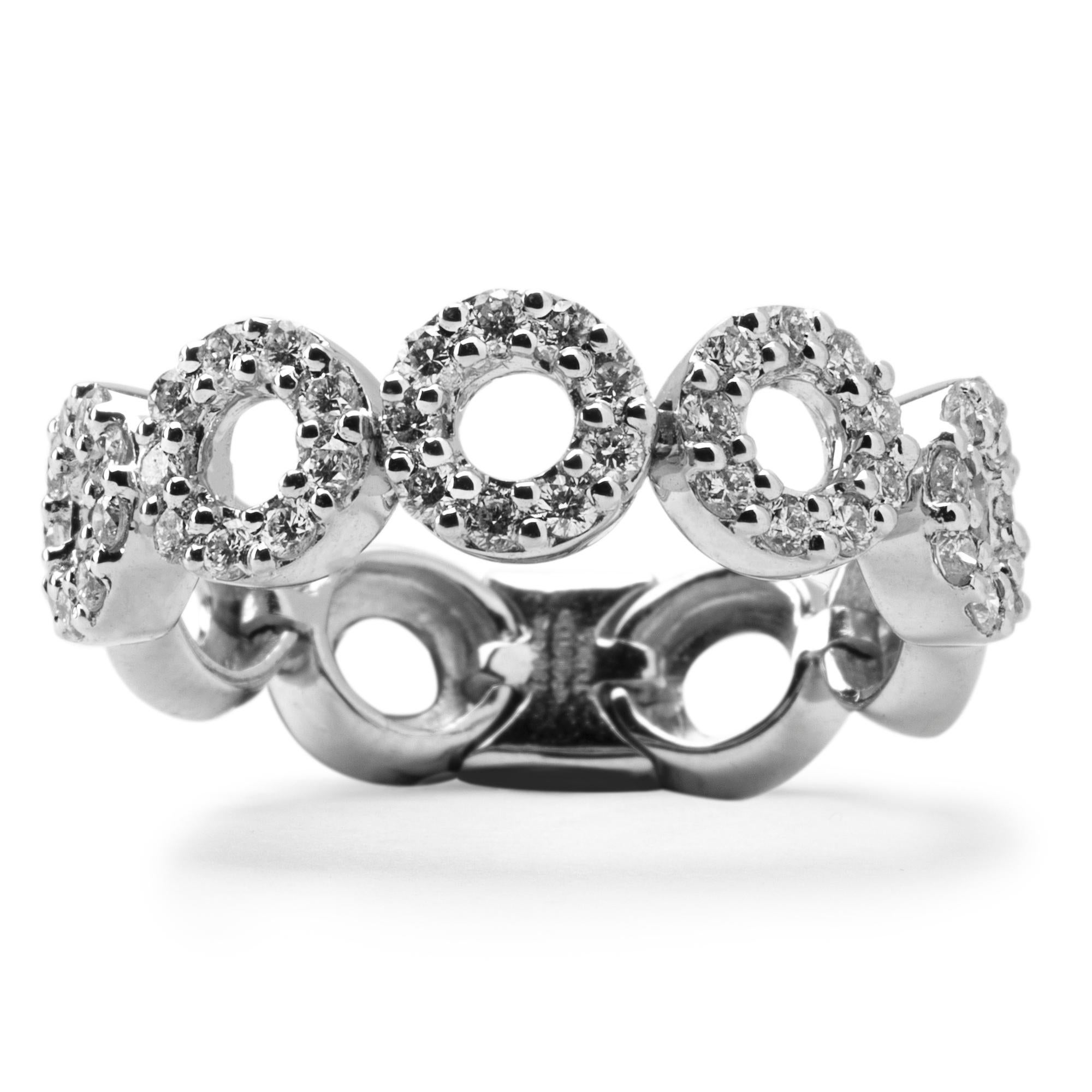 Alex Jona design collection, hand crafted in Italy, 18 karat white gold band ring, set with a sequence of round elements featuring 0.80 carats of white diamonds, G color, VVS1 clarity. US size 6.75. Can be sized to any specification.  
Alex Jona