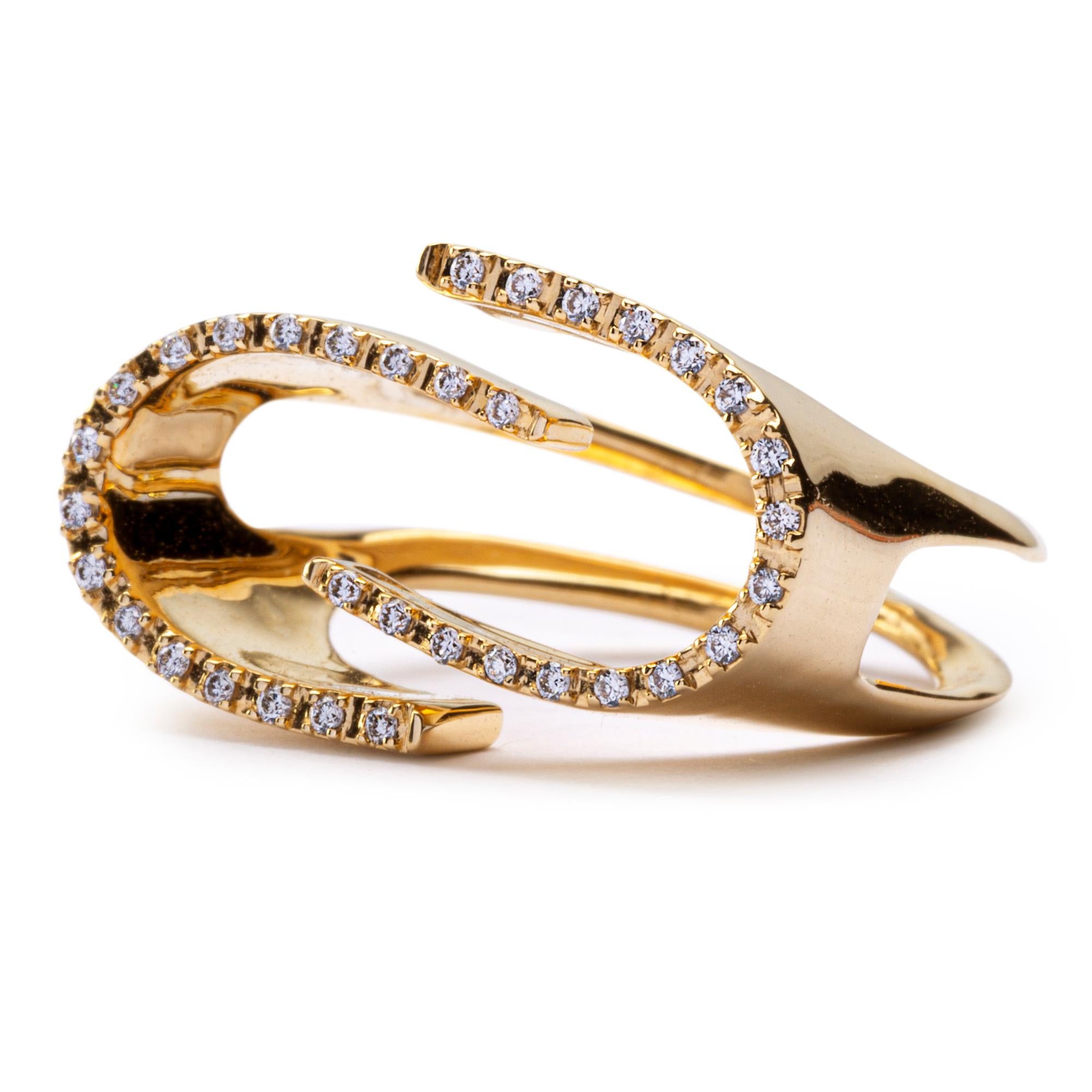 Jona design collection, hand crafted in Italy, 18 Karat yellow gold ring, set with 0.18 carats of white diamonds.  US size 6, can be sized to any specification.
All Jona jewelry is new and has never been previously owned or worn. Each item will