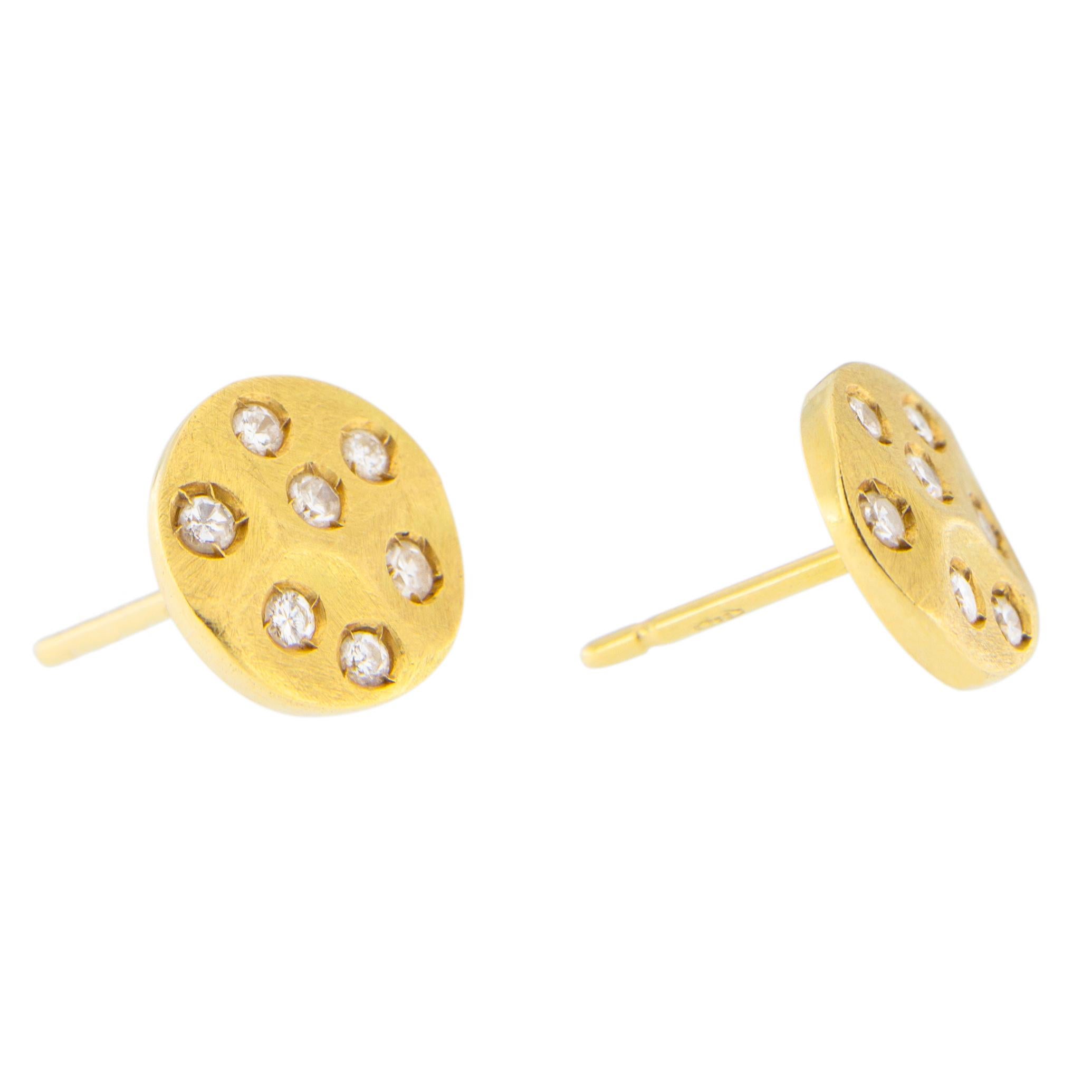 Round Cut Jona White Diamond 18 Karat Yellow Gold Stud Earrings