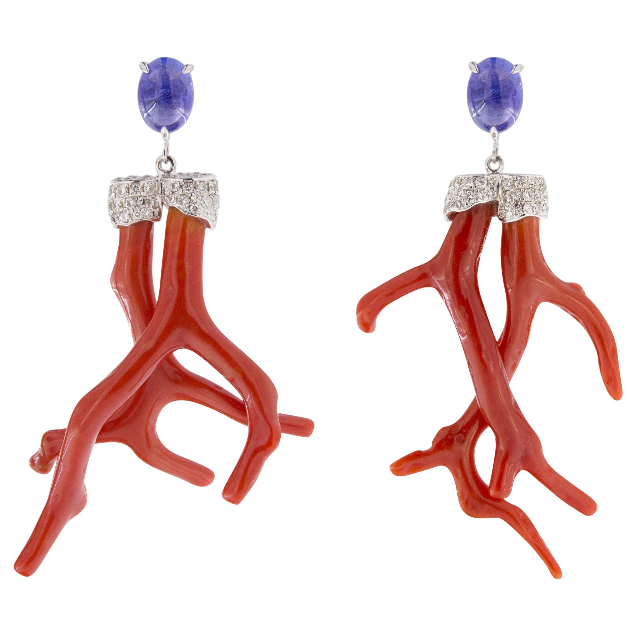 Jona White Diamond Coral 18 Karat White Gold Dangle Pendant Earrings