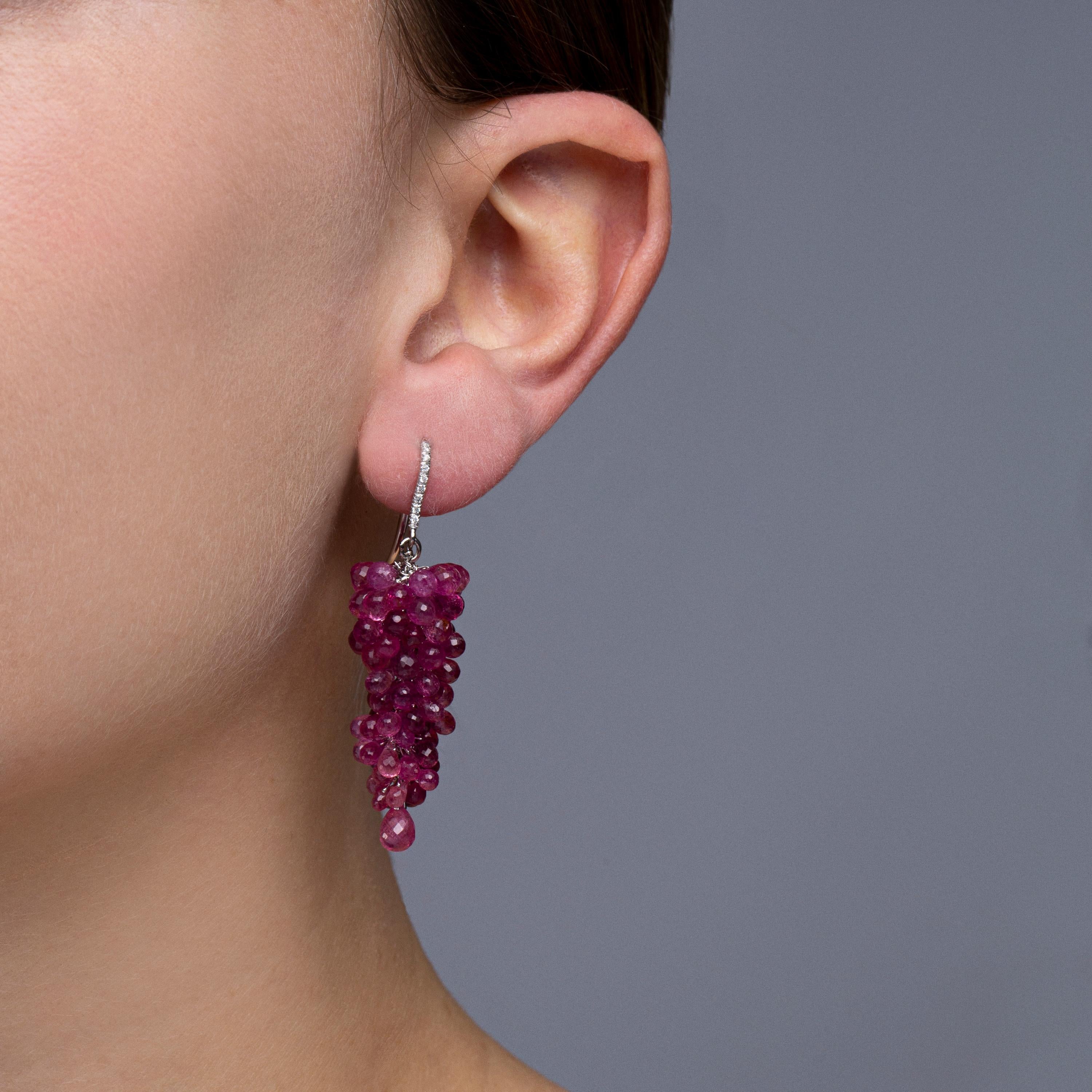 Alex Jona one-of-a-kind, hand crafted in Italy, 18 karat white gold pendant earrings, featuring two cluster of briolette cut Rubellite weighing 68.30 carats and set with 0.11 carats of white diamonds. Dimensions: H x 53.84mm, W x 16.76mm / H x