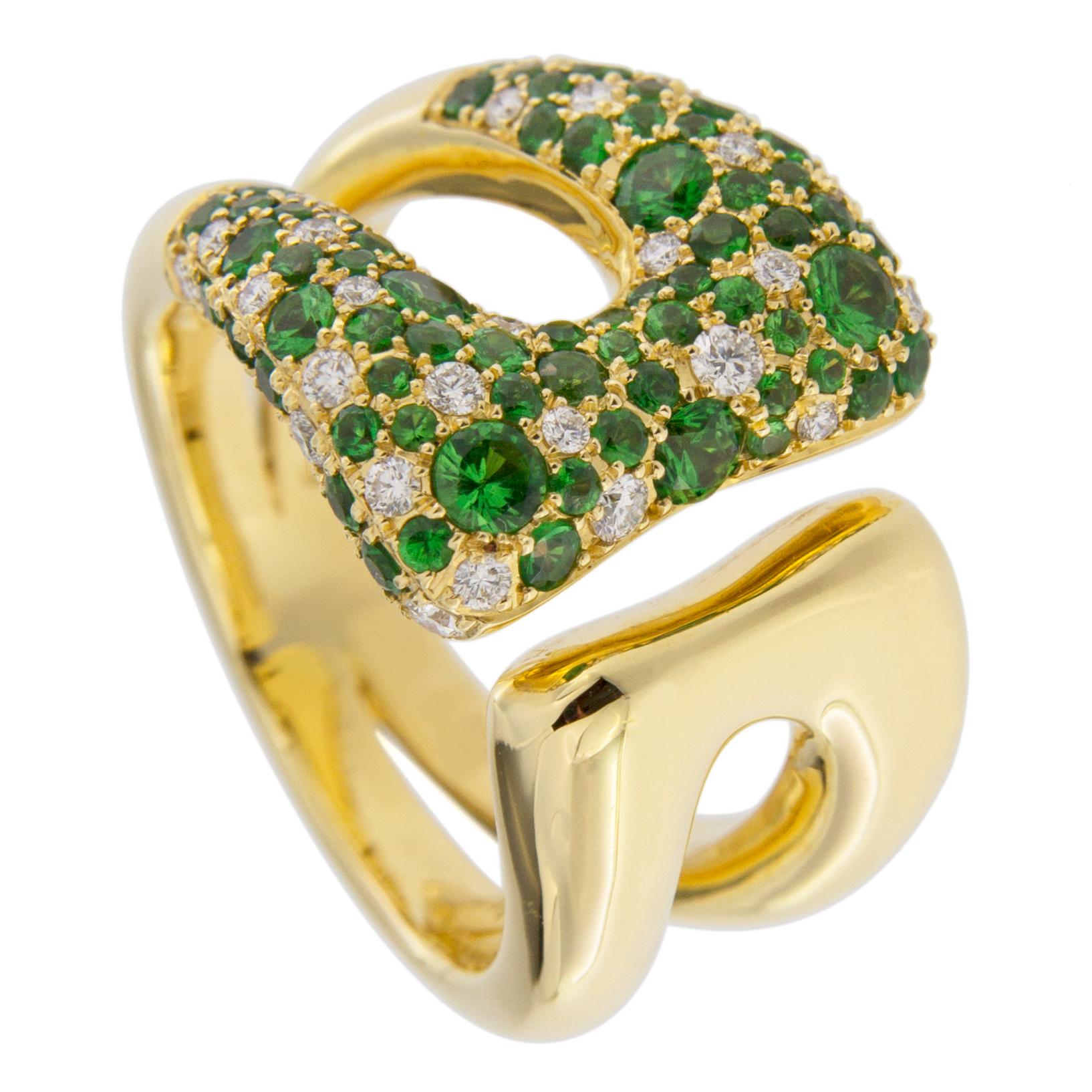 Round Cut Alex Jona White Diamond Tsavorite 18 Karat Yellow Gold Open Band Ring For Sale