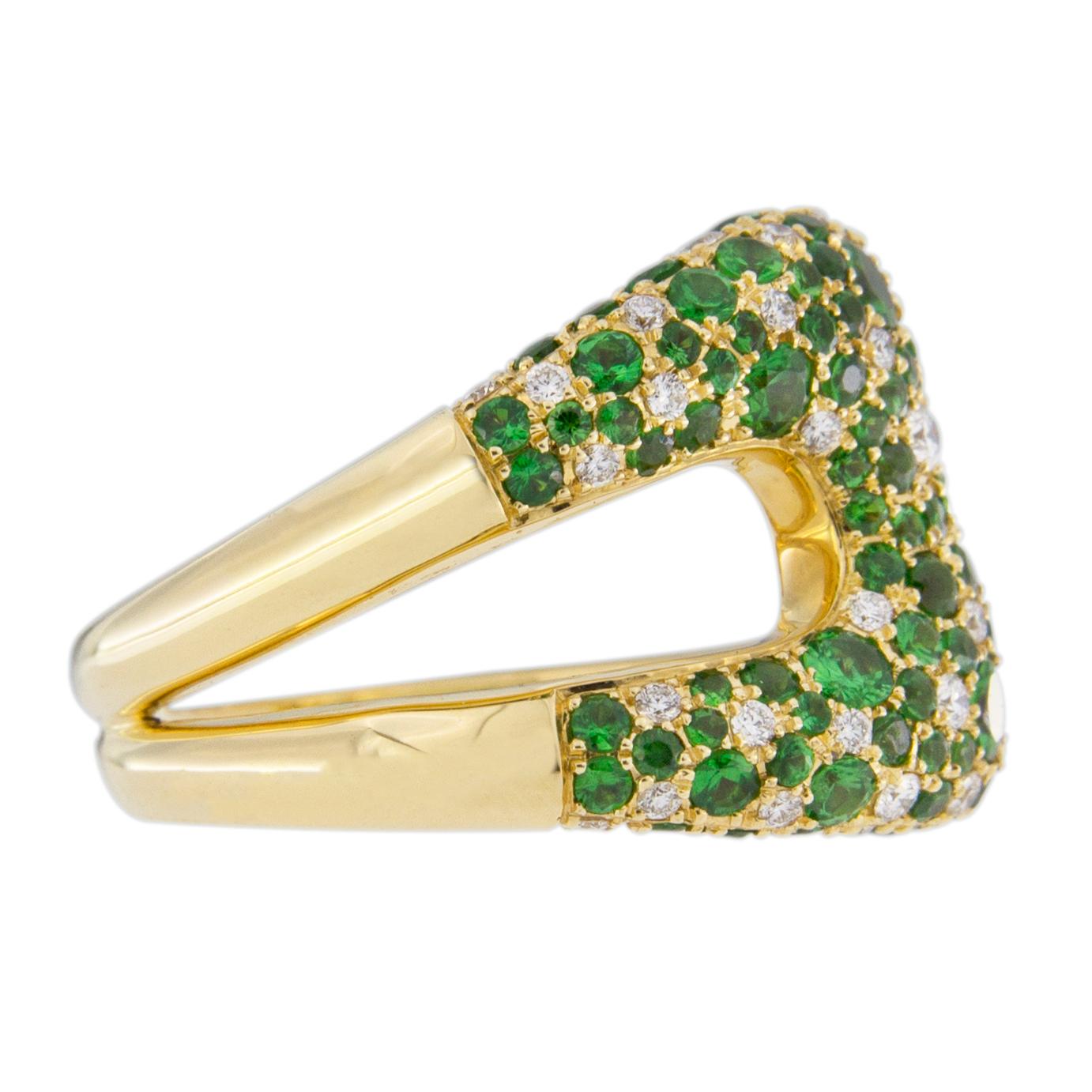 Alex Jona White Diamond Tsavorite 18 Karat Yellow Gold Open Band Ring For Sale 1