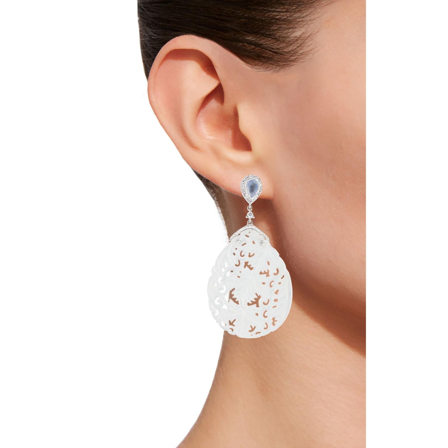 Jona design collection, hand crafted in Italy, 18 karat white gold carved Burmese Jade One of a Kind pendant earrings.
Dimension: L 2.36 in / 6 cm X W 1.23 in / 31.24 mm 
Depth : from 0.072 in / 1.84 mm to 0.24 in/ 6. 23 mm 
Weight : 12.3 g
All Jona