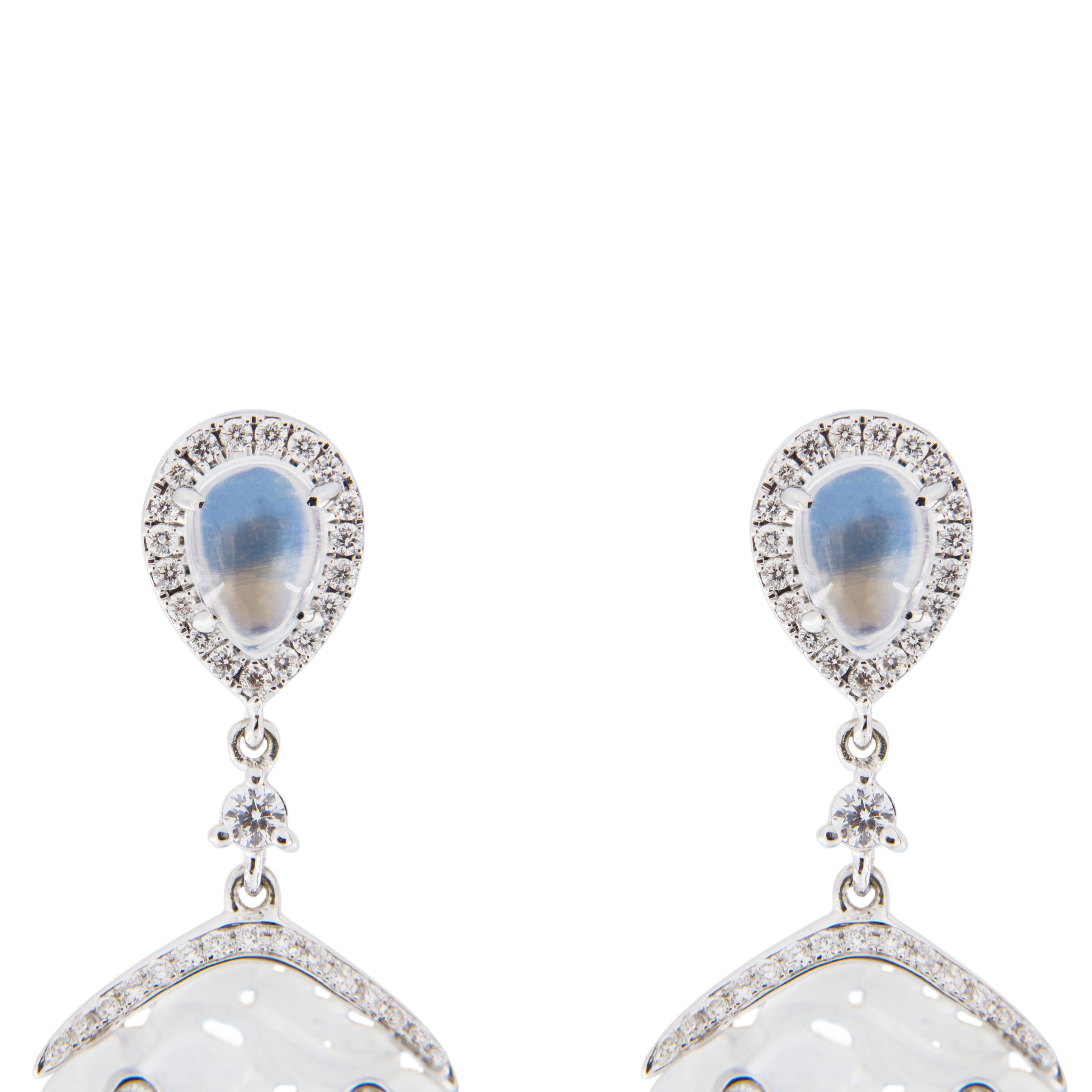 Women's or Men's Jona White Jade Moonstone White Diamond 18 Karat White Gold Earrings