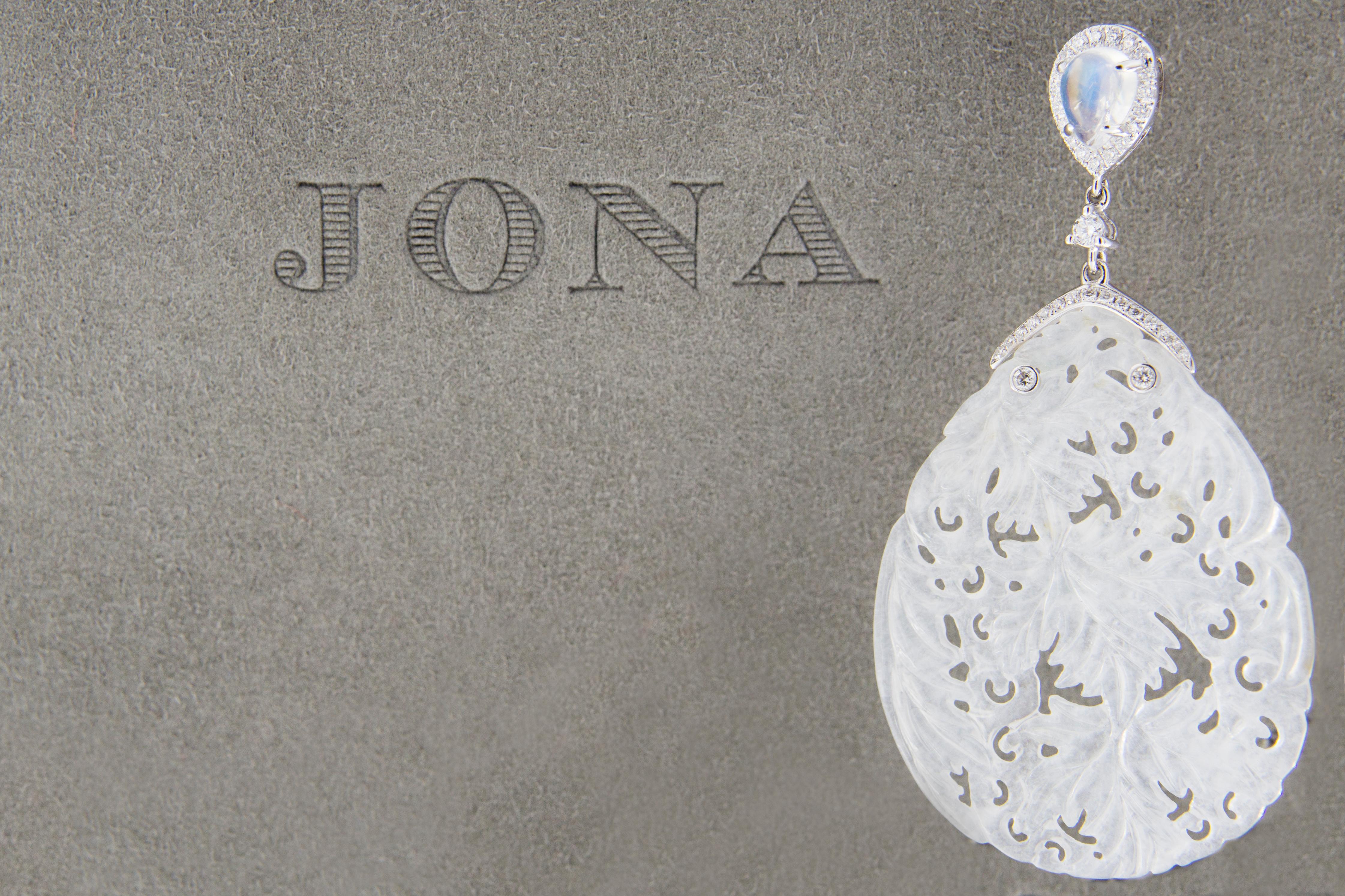 Jona White Jade Moonstone White Diamond 18 Karat White Gold Earrings 5