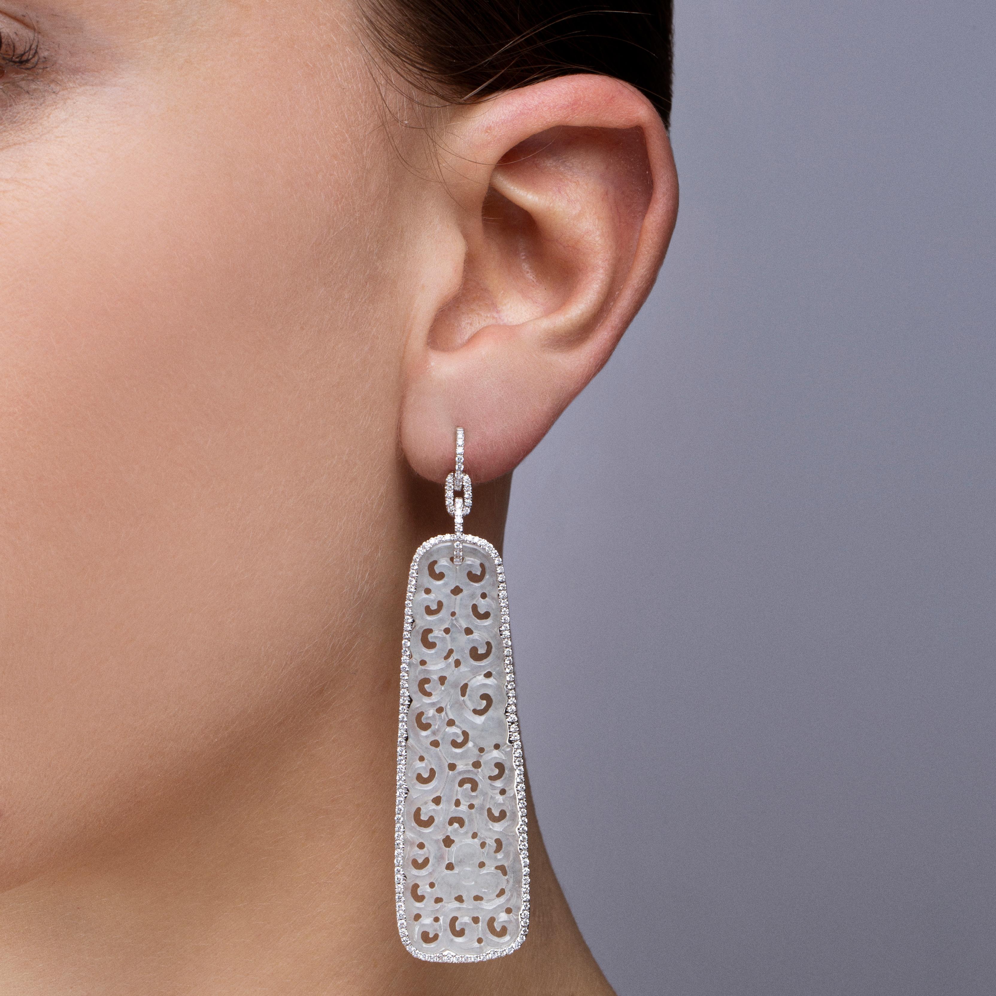 Women's Alex Jona White Jadeite Jade White Diamond 18 Karat White Gold Dangle Earrings For Sale