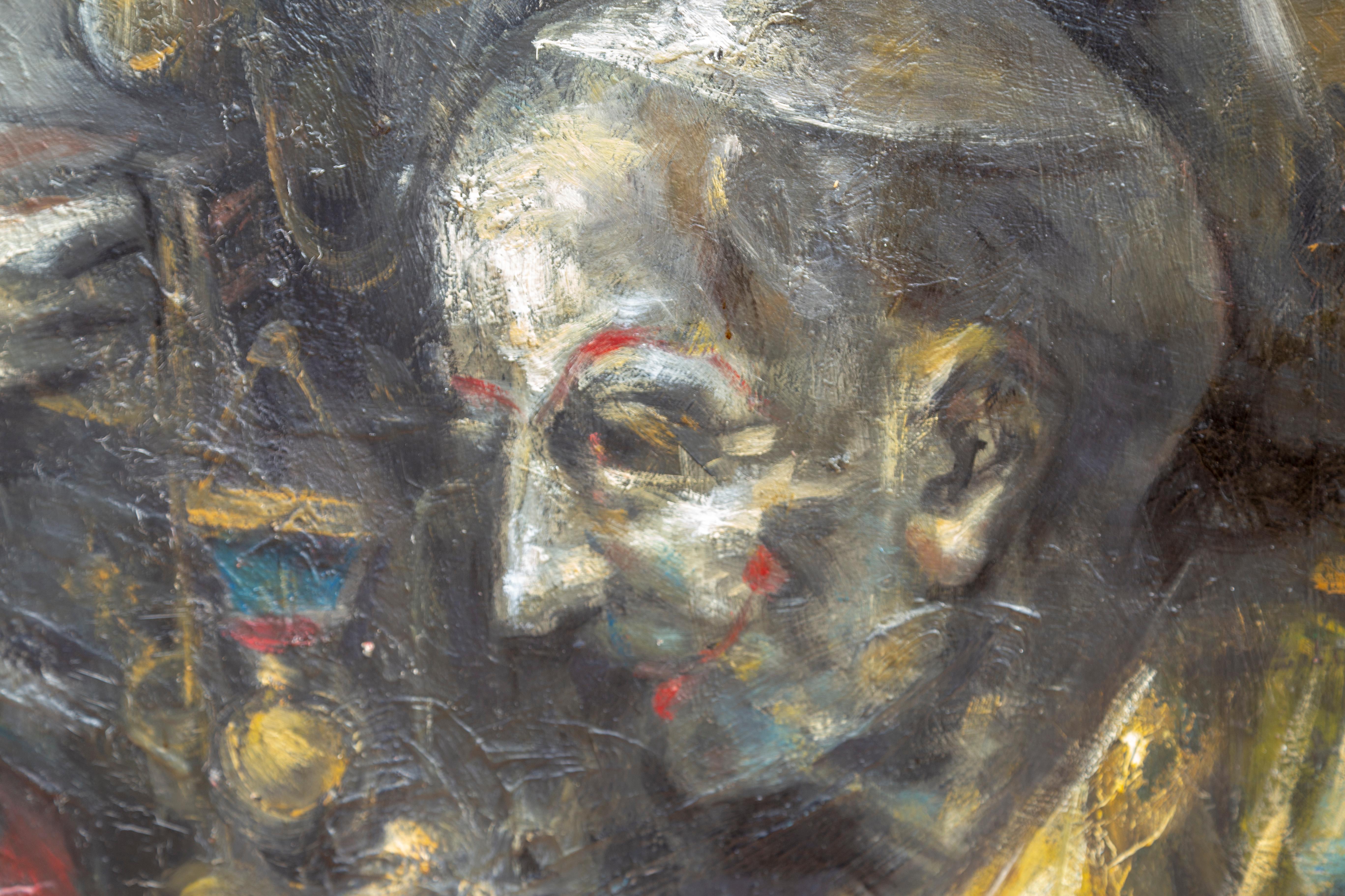 Grupo de payasos, Pintura al óleo surrealista enmarcada de Jonah Kinigstein en venta 1