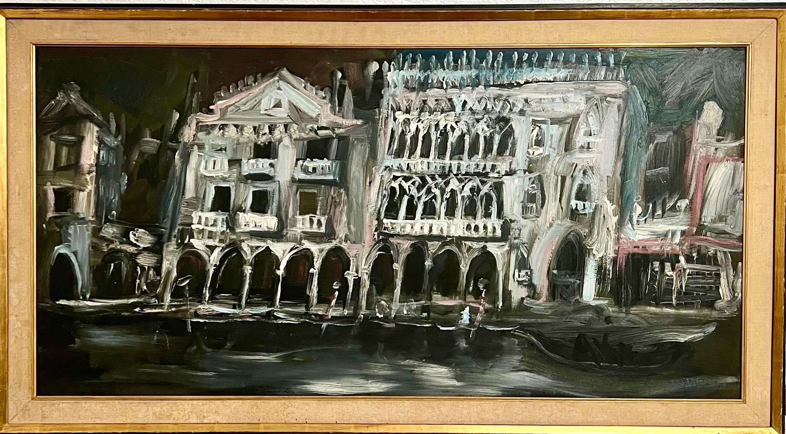 Large Expressionist Oil Painting Venice Palazzo, Gondola, Night Jonah Kinigstein 1